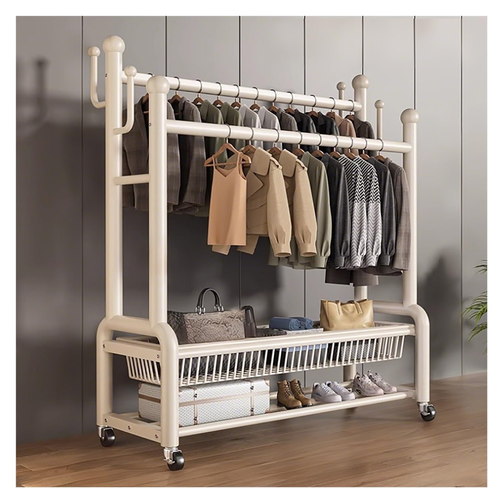 Appendiabiti bianco arrotolabile da 149,9 cm, armadio aperto Colgador per armadio, elegante appendiabiti con ruote, design salvaspazio
