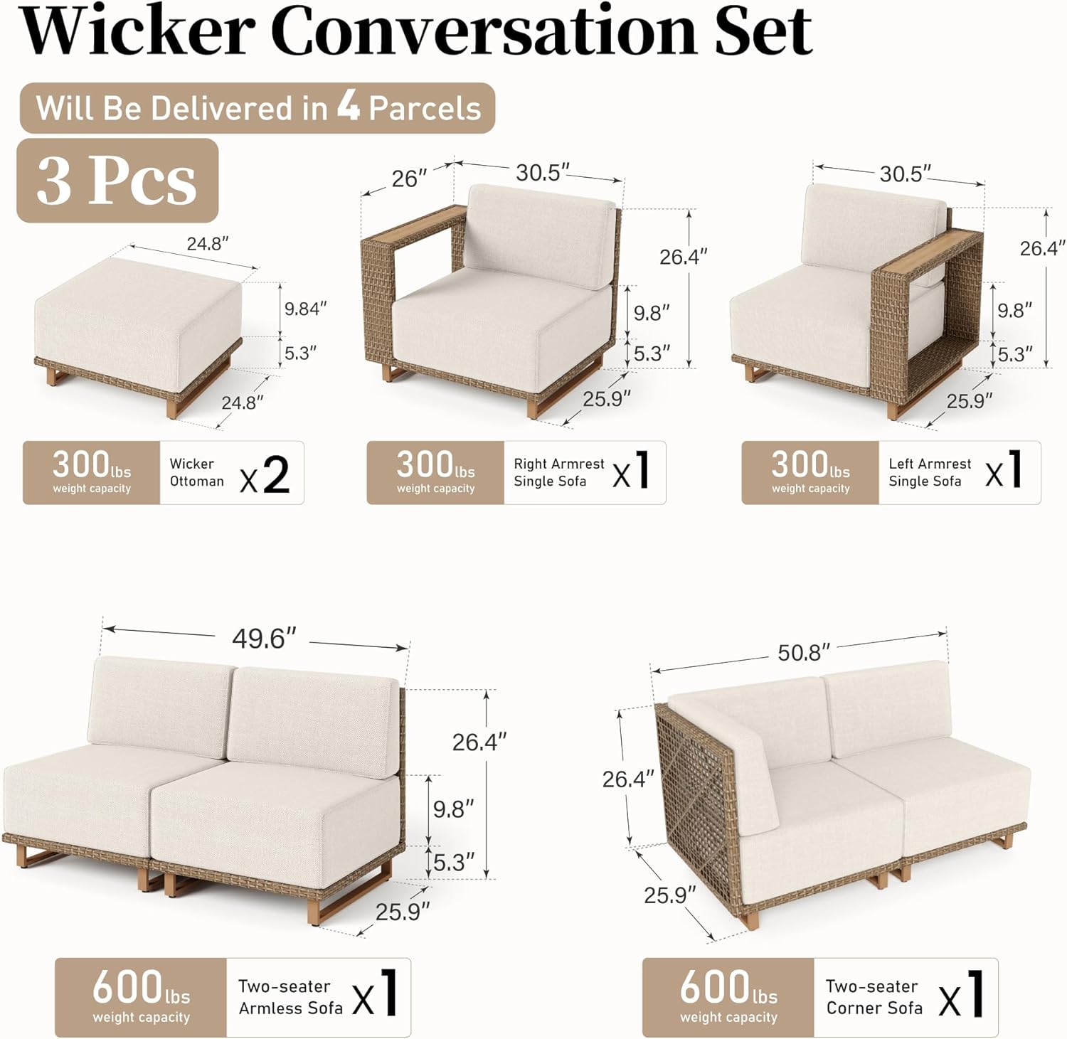 Patio Furniture, Outdoor Sectional Rattan Wicker Sofa with 10''Ultra-Thick Cushions, L Shaped Modular Patio Conversation Set, Low Profile Lawn Garden Backyard Couch Set with Ottomans