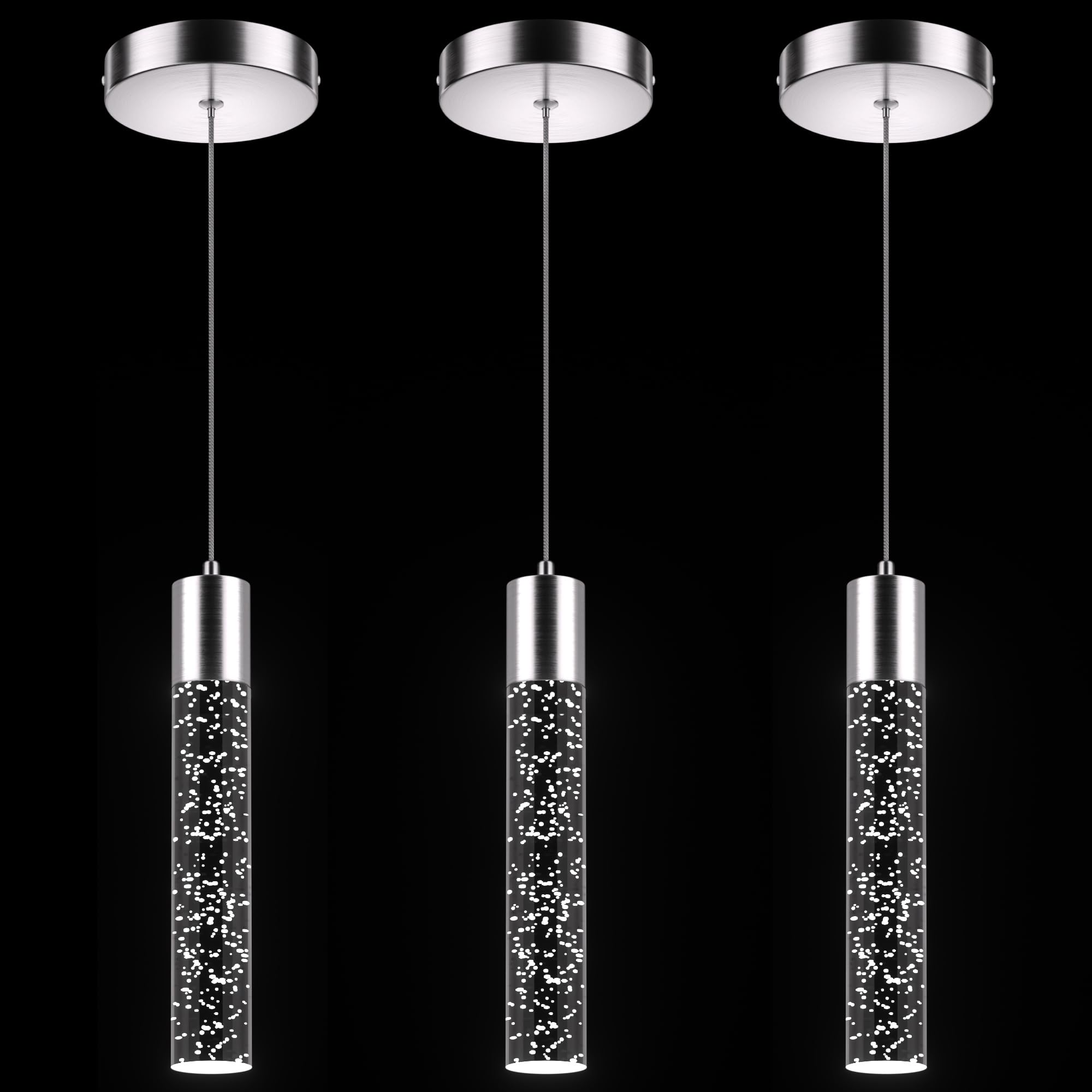 Pendant Lights Kitchen Island 3 Pack, 6500K Modern Kitchen Island Lights Ceiling Lighting Fixtures with Crystal Bubble, Integrated LED Cold White Hanging Light Dining Room Light Brushed Nickel