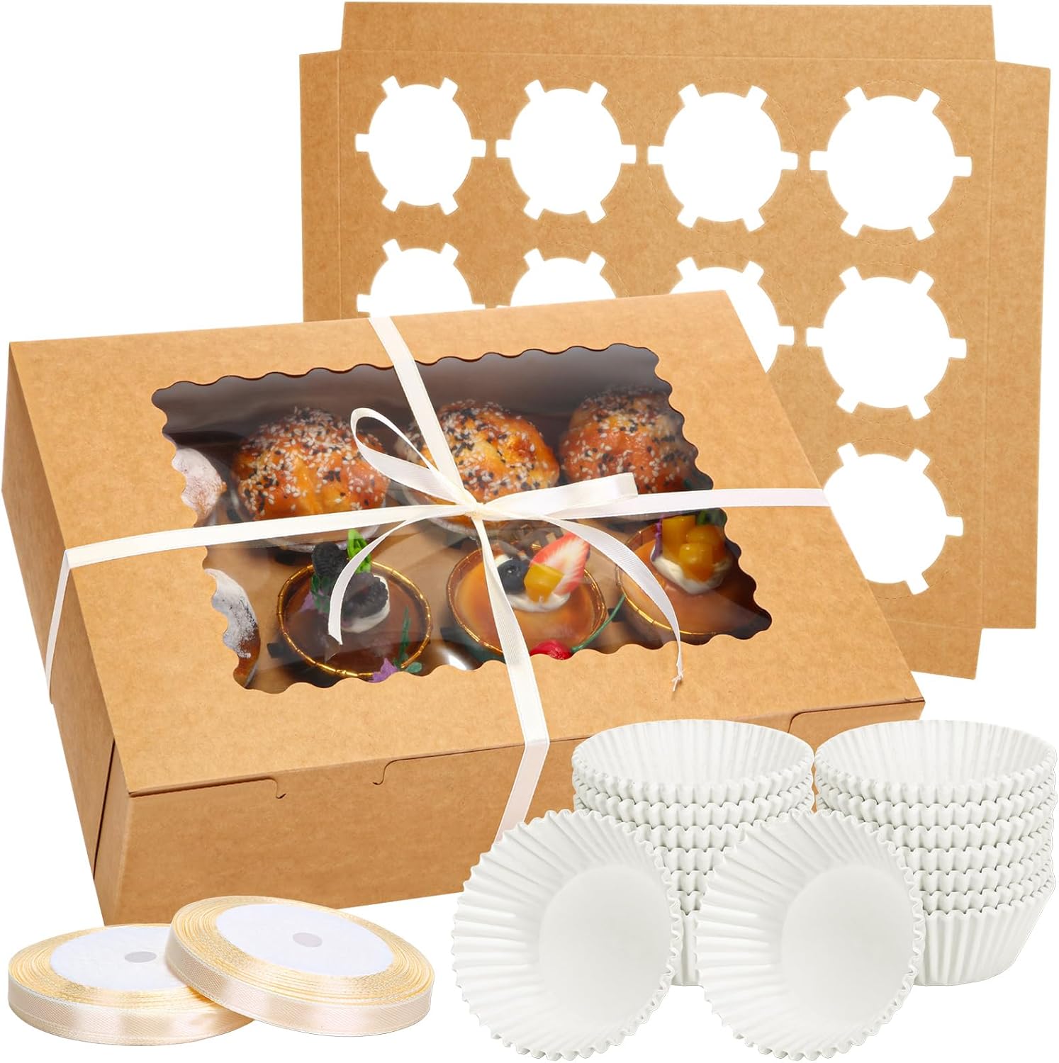 Tioncy 20 Pcs 12 Cupcake Containers Brown Cupcake Box Muffin Cupcakes Holder Carrier with Window and Insert 300 Pcs White Cupcake Liners Paper Greaseproof Baking Cups 2 Gift Ribbons for Parties