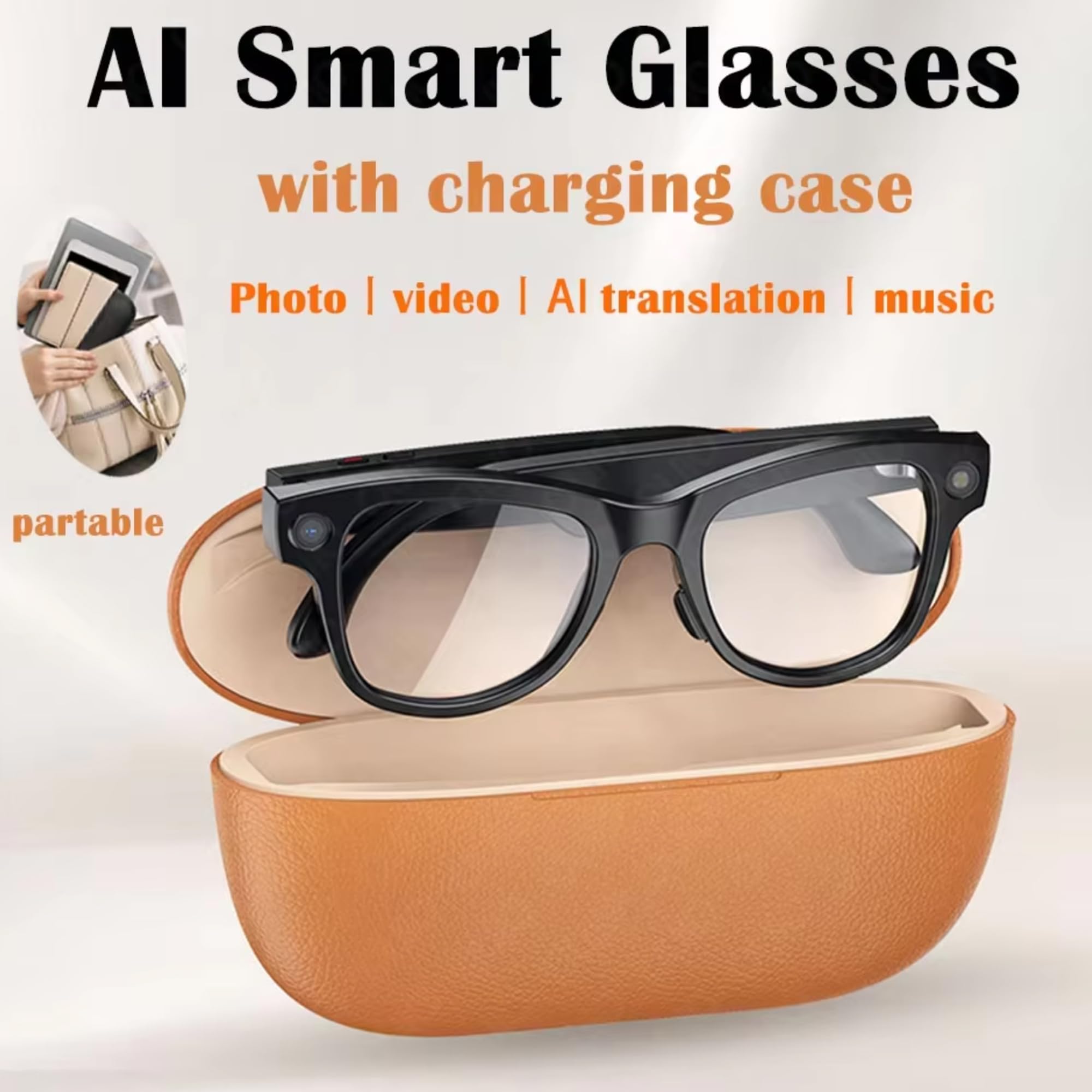 AI Smart Glasses - 4K/8MP Anti-Shake Cam, Bluetooth Chiamate, Registrazione video, Traduzione in tempo reale/Riconoscimento GPT, 290mAh, 3000mAh Custodia di ricarica (include lenti trasparenti