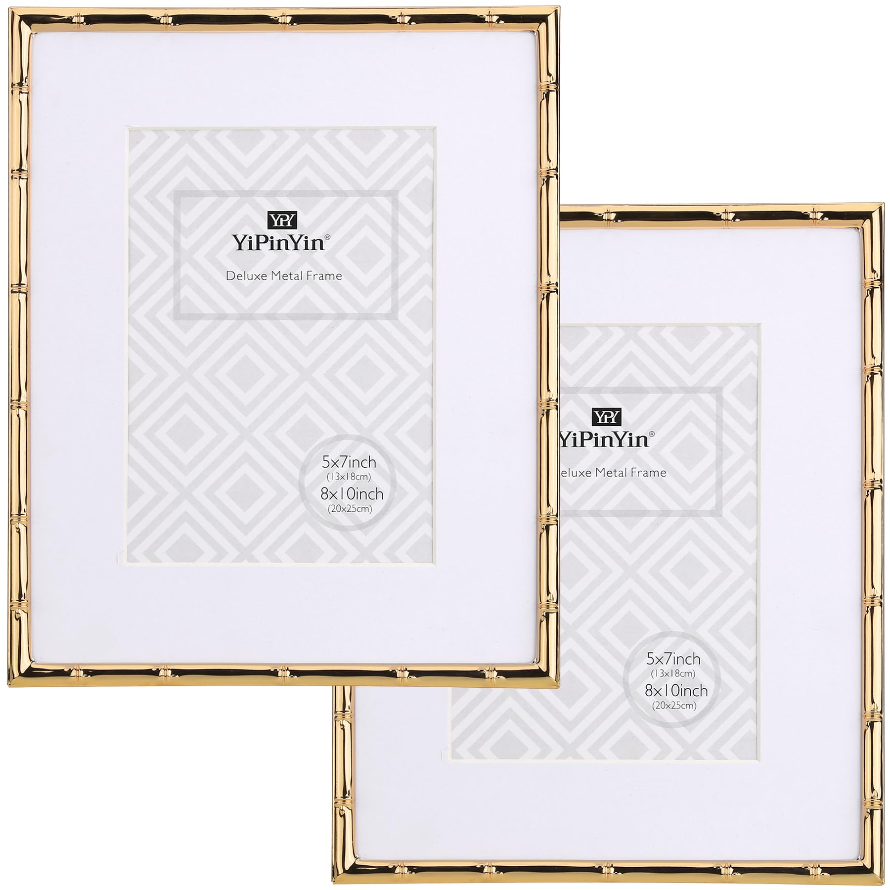 Photo 1 of YiPinYin 8x10'' Bamboo Detail Gold Metal Picture Frame with Acid Free Mat for 5x7'' Set of 2,Narrow Gold Plated Photo Frames 5 x7'' With Soft Touch Velvet Backing for Desktop and Wall Décor