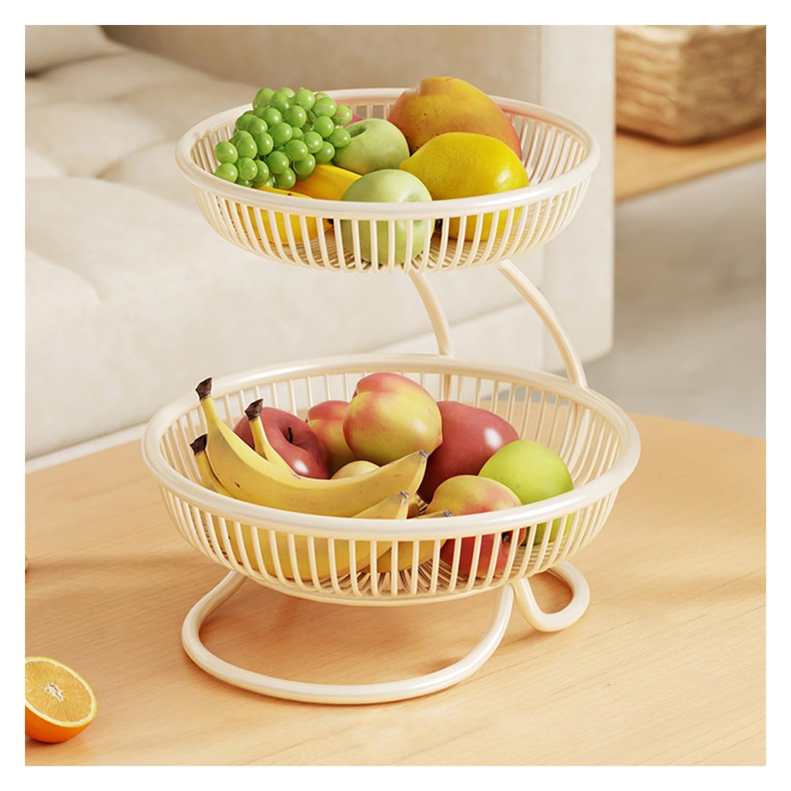 XCSDEW Wrought Iron Fruit Rack,Floor-standing Shelf,Double-layer Snack Storage ,Openwork Design,Suitable for Living Room(White,28x28.5x30cm)