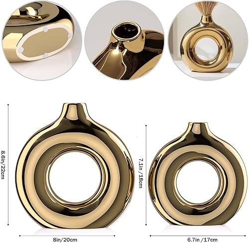 Miniatura 2 de XMGZQ Jarrón dorado, juego de 2 jarrones de cerámica, jarrones dorados para decoración del hogar, jarrón redondo para centros de mesa, jarrón dorado