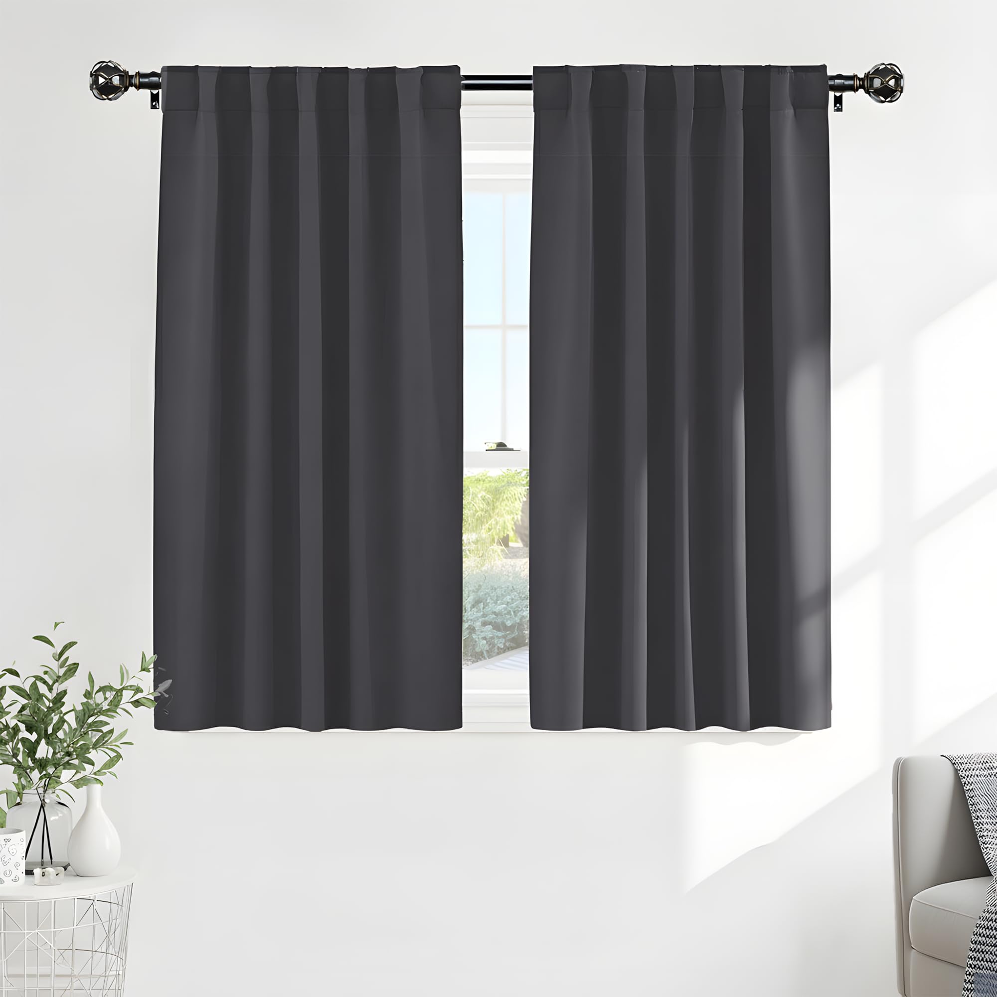 PONY DANCE Blackout Window Curtains - Short Gray Thermal Insulated Drapes Back Tab/Rod Pocket Room Darkening Panels Energy Saving for Bedroom/Bathroom