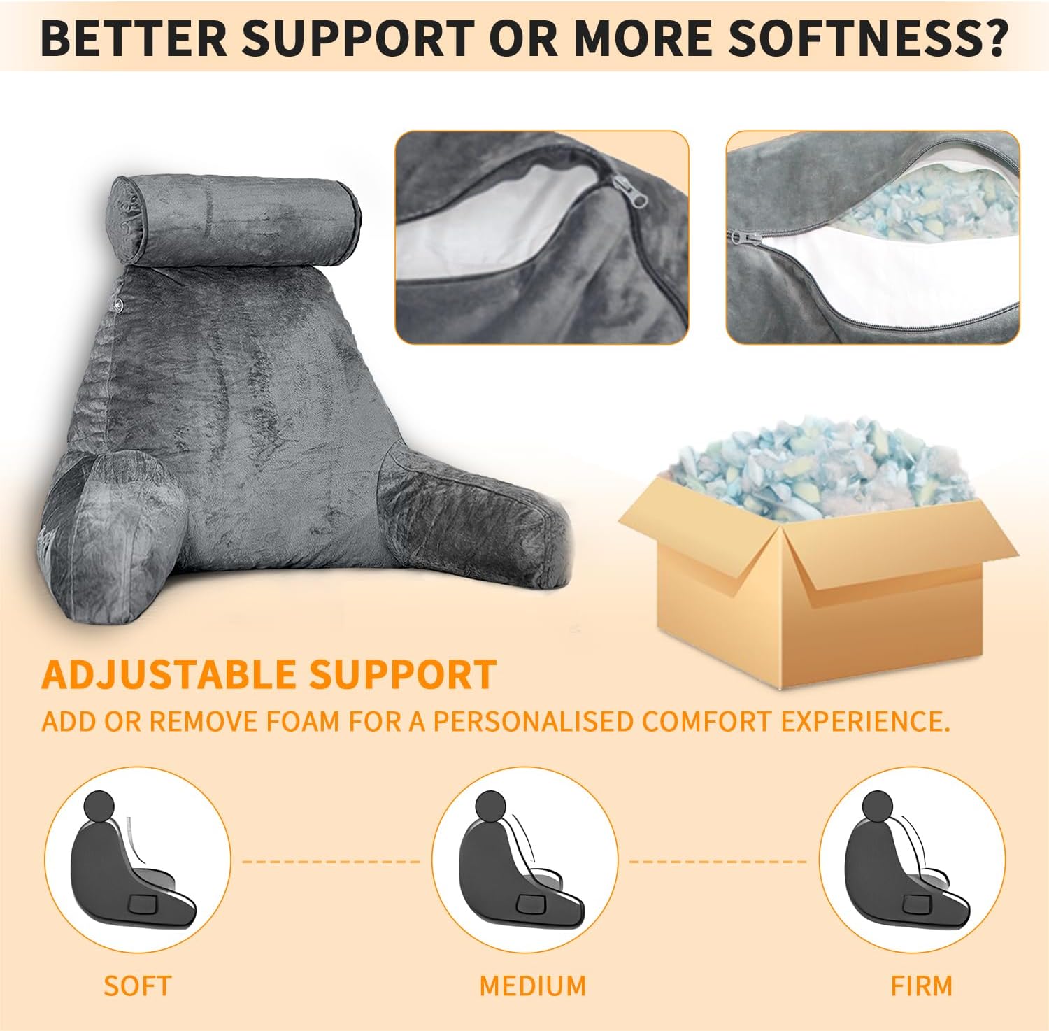 Reading Pillow for Sitting in Bed with Detachable Neck Roll & Big Bed Backrest Pillow Back Support Pillow Chair Pillow with Washable Cover for Adult with Arms and Side Pocket Shredded Foam