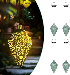 4 Stück Solarlampen für Außen Hängend, LED Retro Solarlaterne für Außen Garten IP65 Wasserdicht, Warmweiß Olivenform Solar Laterne Outdoor für Balkon Terrasse, Geschenke für Frauen Mütter(Grüngold)