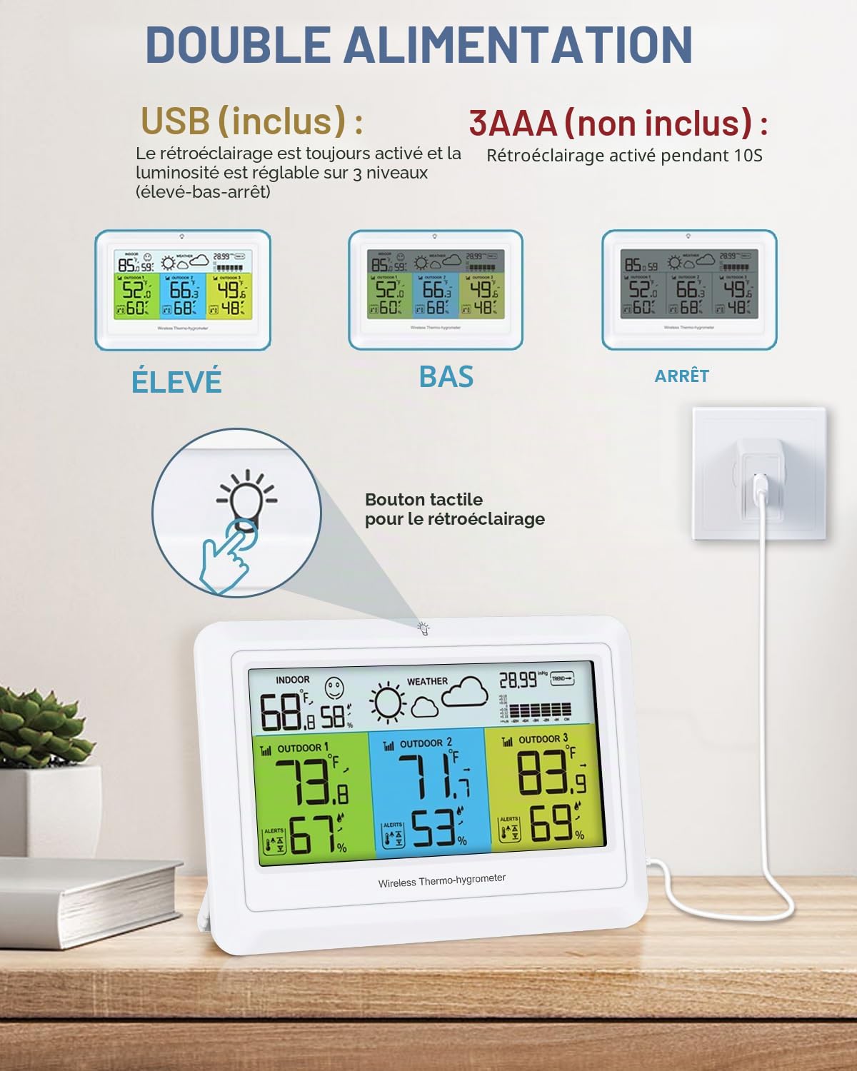Wireless Indoor Outdoor Thermometer with 3 Sensors, Digital Thermometer Hygrometer with Color Display, Backlight
