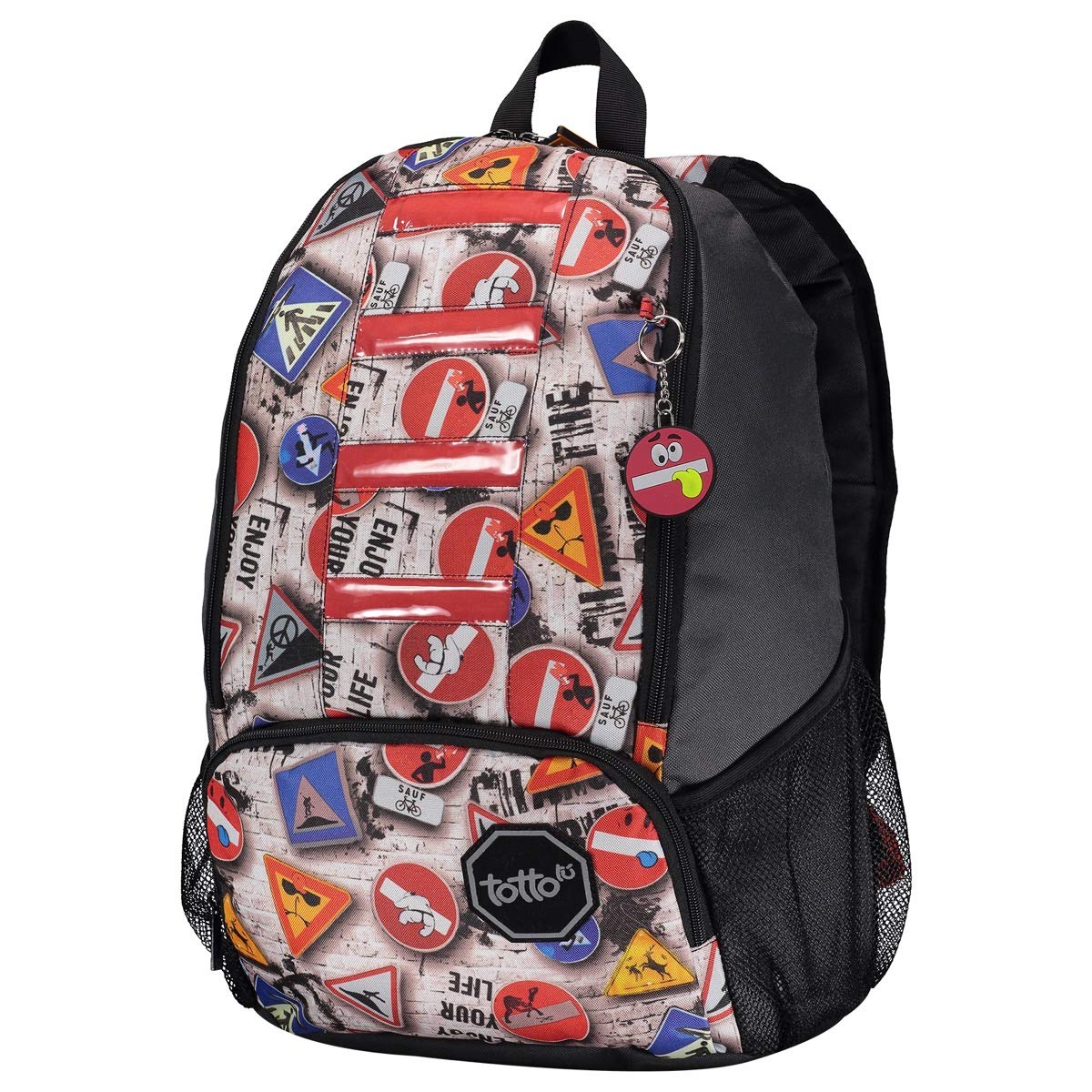 TOTTO - Mochila Escolar Grande, Modelo Street, Capacidad 21,78 litros, 2 Compartimentos, Luces Reflectantes, 2 Bolsillos para Botella, Correas en S para Mayor Comodidad, Estampado Señales