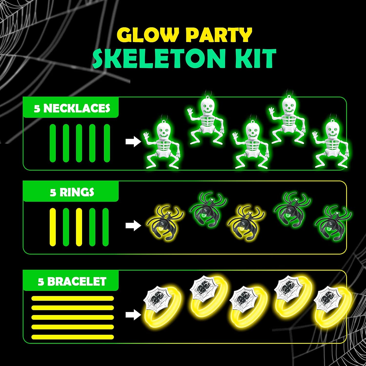 SpringFlower Halloween Party Favor Toy for Kids,35pcs Glow in The Dark Wearable Toy,20 Glow Sticks,5 Skeletons, 5 Spider Rings,5 Glow Bracelets for Halloween Trick or Treating Goodie/Miniatures/Prizes : Toys & Games
