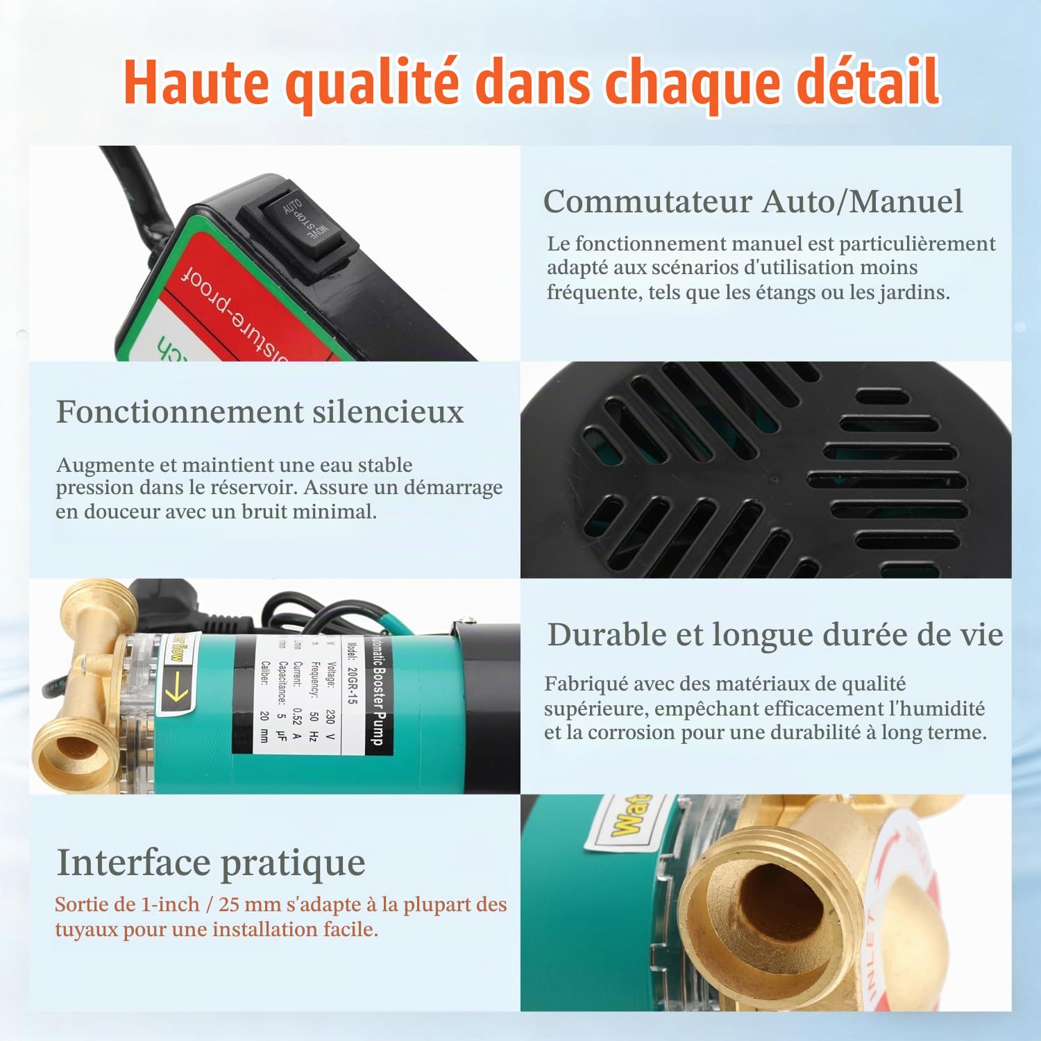 Pompe de Surpression Eau 120W, Pompe Surpresseur Circulation Eau Chaude Domestique, Débit Max 25L/min, pour Douche, Robinet, Machine à Laver, Jardin, Silencieuse et Automatique