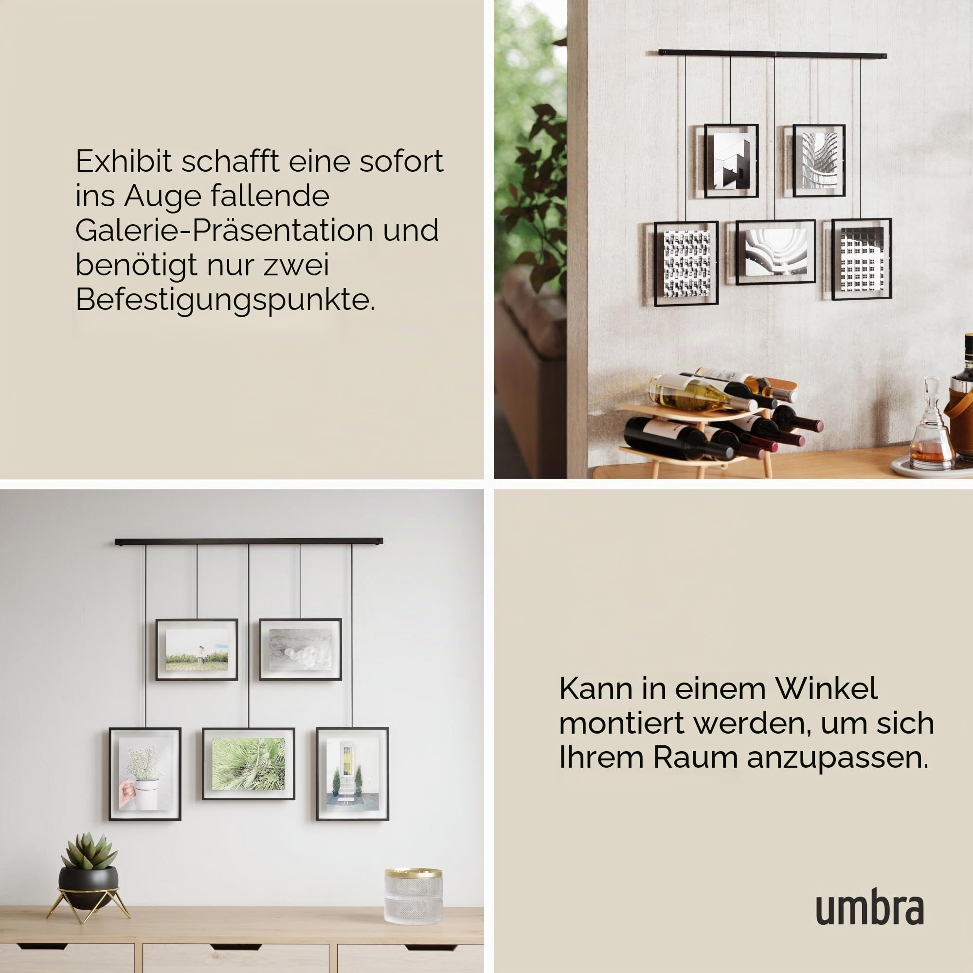 Umbra Exhibit Foto Collage Bilderrahmen – Flexibles Bilderrahmen-Set zur Horizontalen und Diagonalen Anbringung, für 5 Photos, Kunstdrucke, Bilder, 10 x 15 und 13 x 18 cm, Schwarz, 5 Rahmen