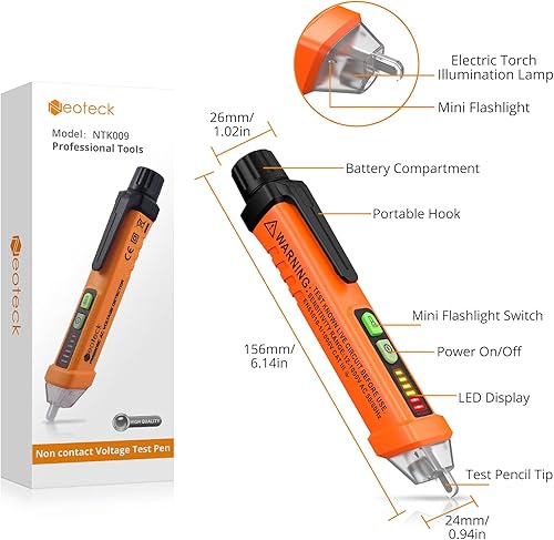 Miniatura 7 de Neoteck Pluma del probador del voltaje de CA sin contacto, CA 12-1000V, linterna del LED, alarma del zumbador para el juicio del cable vivonulo