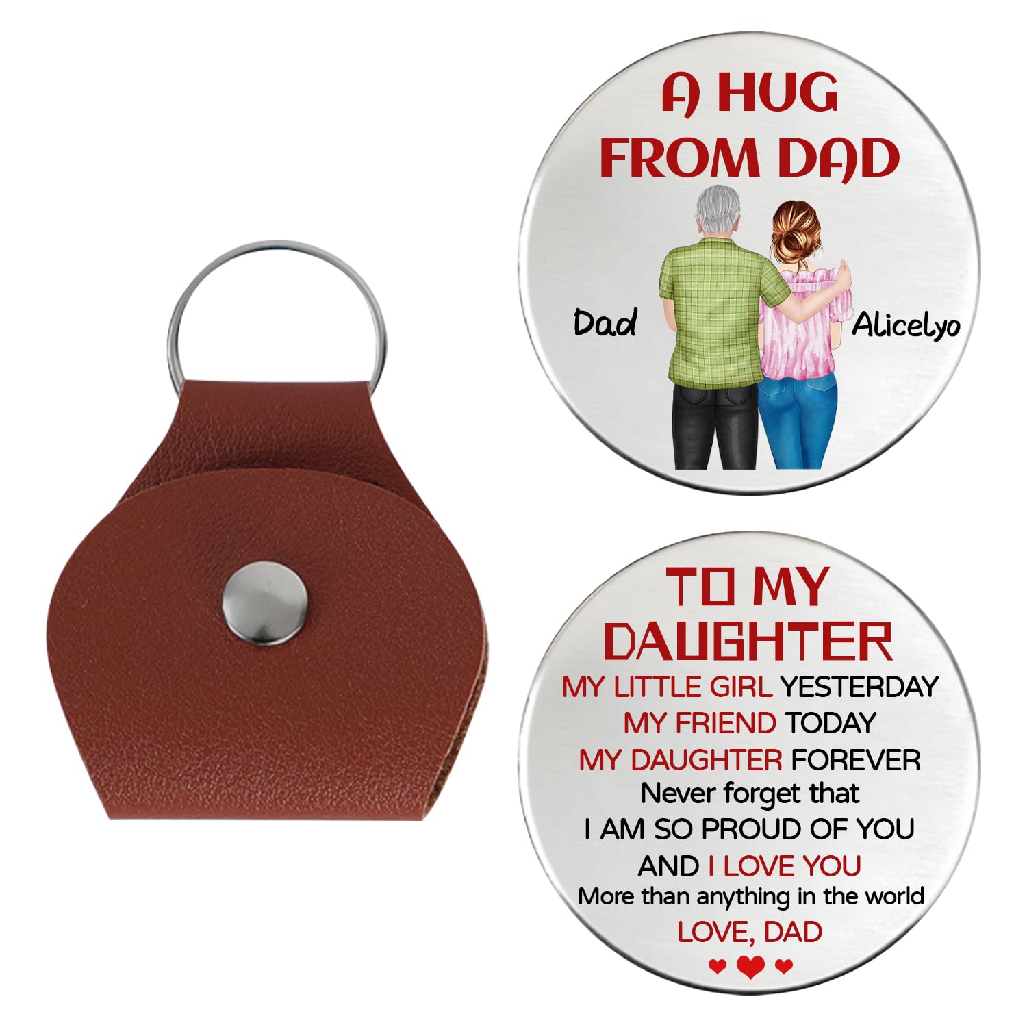 Kkiioexx Unisex Kids Style 2 A Hug From Dad Keychain,Personalized Leather Pocket Hug Token Keychain,Custom Keychains With Portrait Name,To My Daughter Gifts From Dad