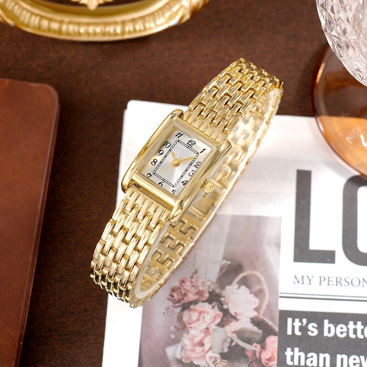 Vintage Rectangular Women's Watch Gold Silver Band Watches for Women Easy-to-Read Arabic Numerals Dial Waterproof Watch Adjustment Tool Included