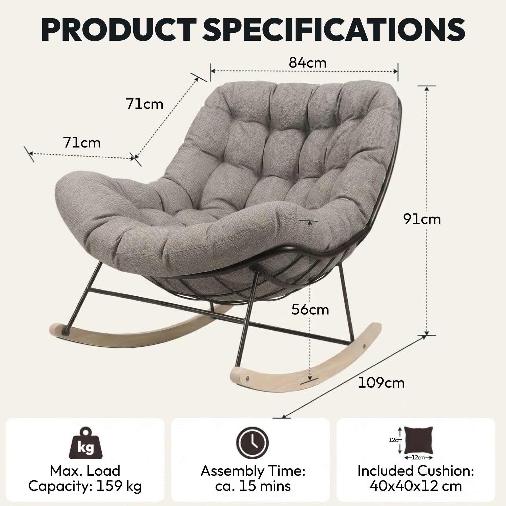 SANODESK Schaukelstuhl Outdoor für Balkon & Garten, gemütlicher Relaxsessel mit sanfter Schaukelbewegung, Loungesessel mit Kissen, bis 159 KG belastbar (Hellbraun)