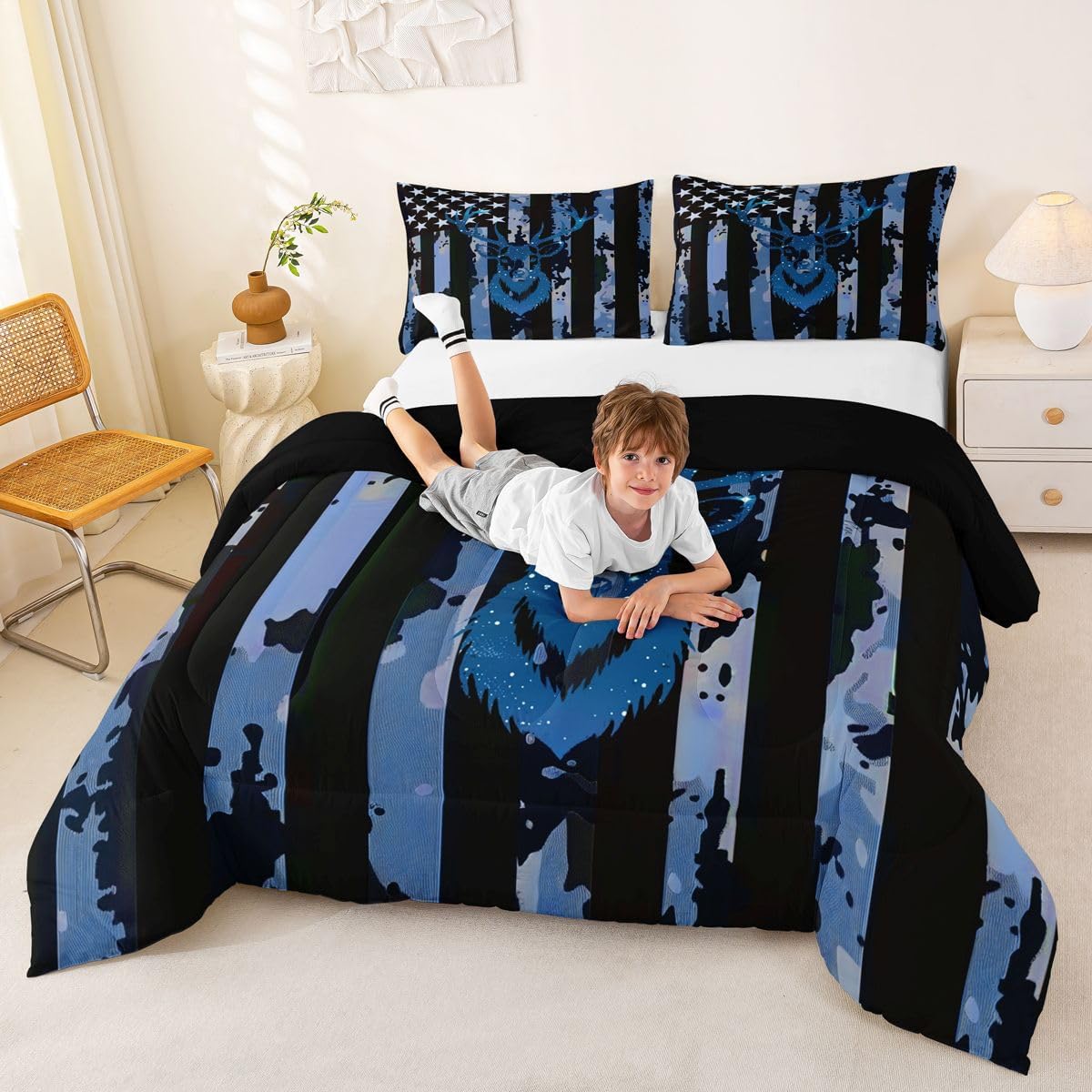 Camo Deer Comforter Set Full Size, Army Blue Camouflage Usa Flag Bedding Set For Kids Boys Teens Adult, Western Rustic Farmhouse Quilt Stars Stripes Duvet Sets Antlers Wild Animal Decor, Black
