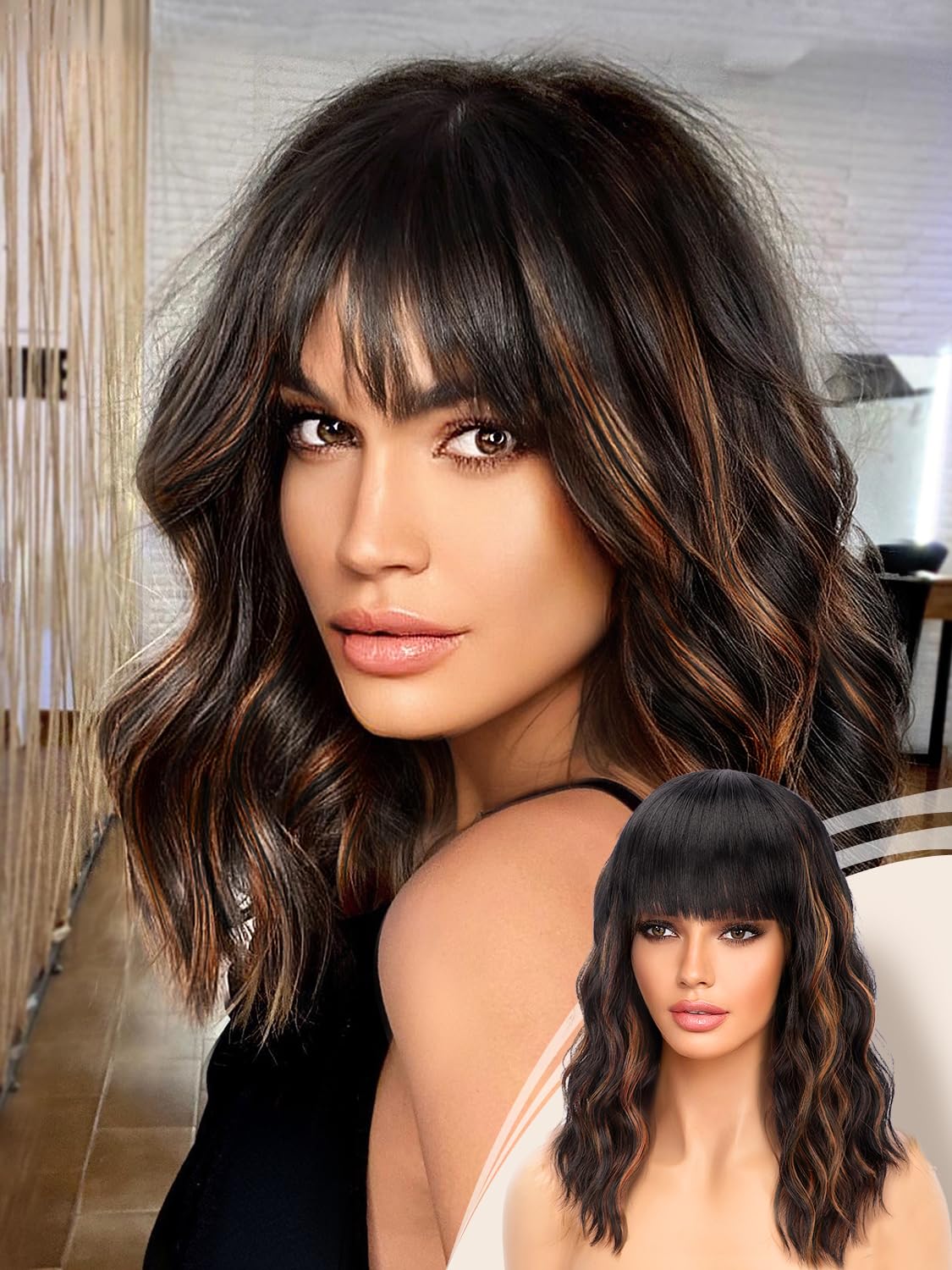 NnzesBlack Mixed Brown Wig with Bangs Short Bob Wavy Wigs Synthetic Curly Wig for Women Natural Looking Heat Resistant Fiber Hair for Daily Party Use