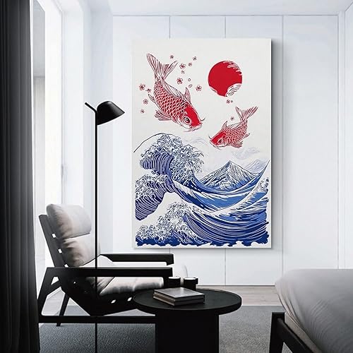 Miniatura 3 de Asian Japanese Great Wave Red Koi Fish Retro Cherry Blossom Poster Canvas Wall Art Decor for Bedroom Living Room Office Bathroom Home Pictures Print