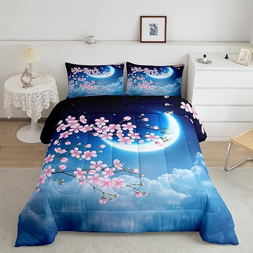 Castle Fairy Juego de edredón de flores rosadas, tamaño matrimonial, con estrellas, luna, cielo nocturno, galaxia, para niñas, mujeres, decoración