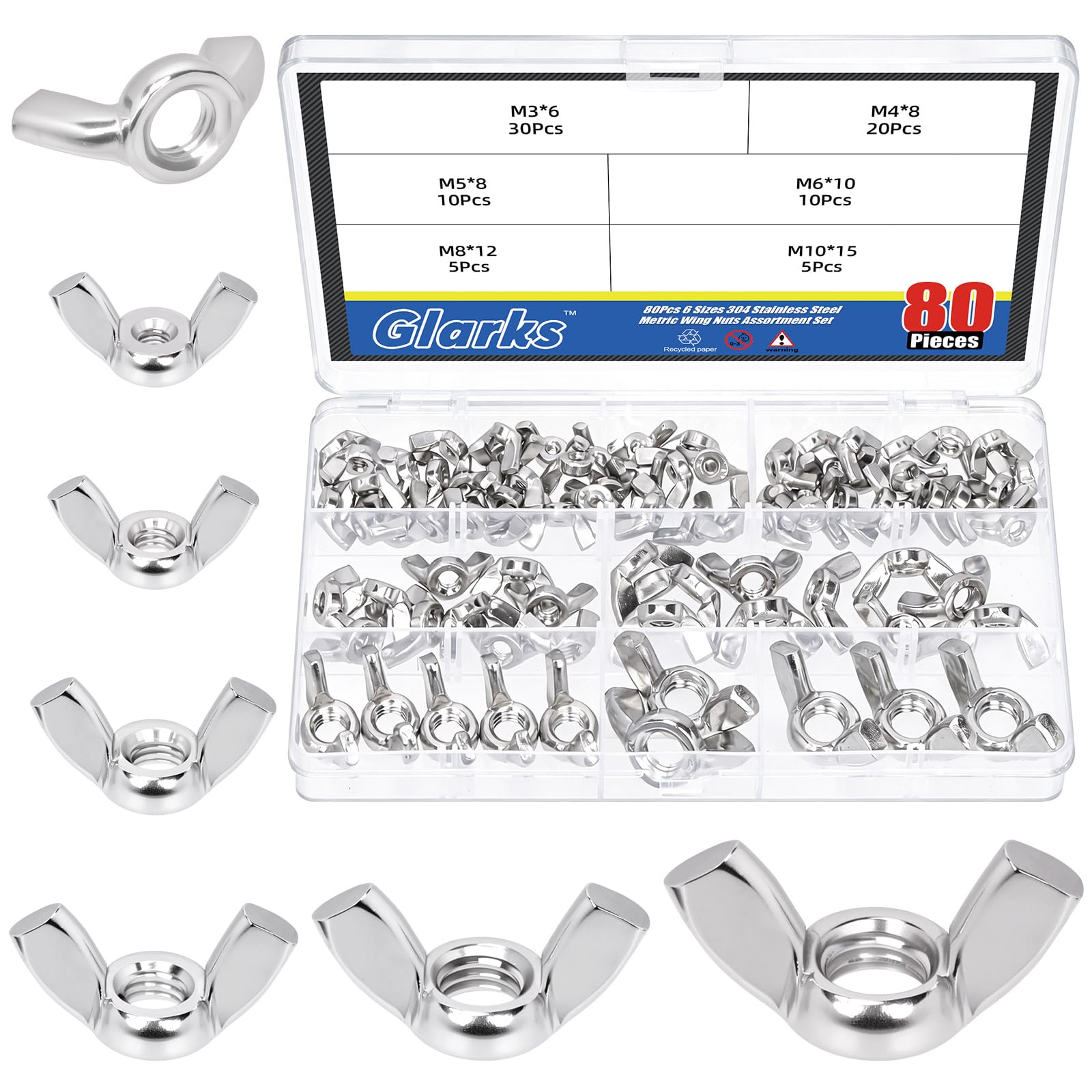 Glarks 80pcs M3/M4/M5/M6/M8/M10 Wing Nuts Assortment Kit, Stainless Steel Butterfly Nuts, Hand Twist Tighten Hardware Nut, Wingnuts Fasteners Parts for Machinery, Manufacture, Industries, Hardware