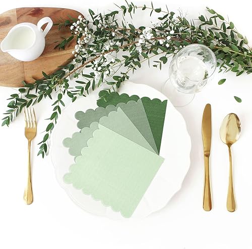 Miniatura 6 de Whaline Paquete de 200 servilletas de cóctel de color verde salvia, servilletas de papel de color degradado verde salvia con bordes festoneados,