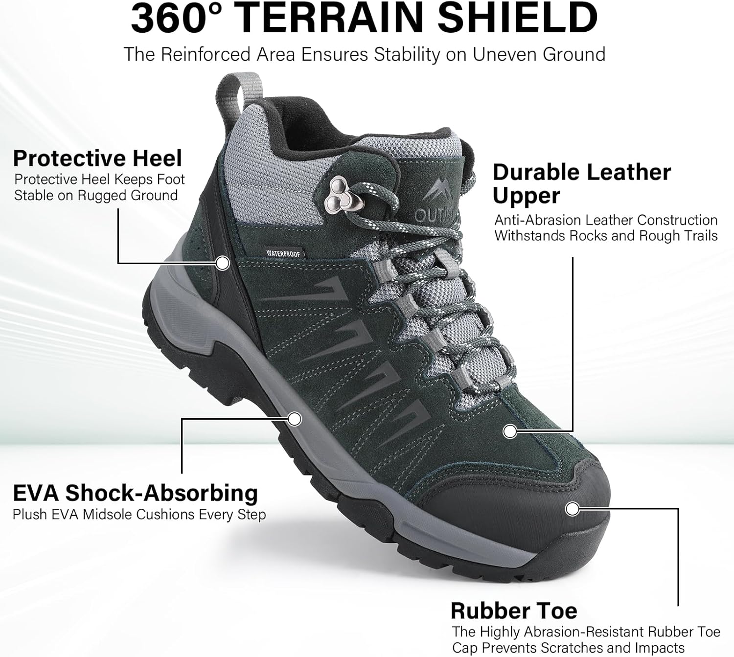 Men's Waterproof Hiking Boots Lightweight Leather Mid Ankle Outdoor Trail Trekking shoes