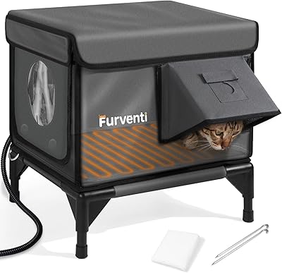 Heated Cat House for Outside,Dual Camera Mounts,100% Weatherproof & Extremely Insulated,Elevated Feral Cat Shelter with Escape Door,Waterproof Eaves for Outdoor Stray Barn Cat(Dark Grey,S)