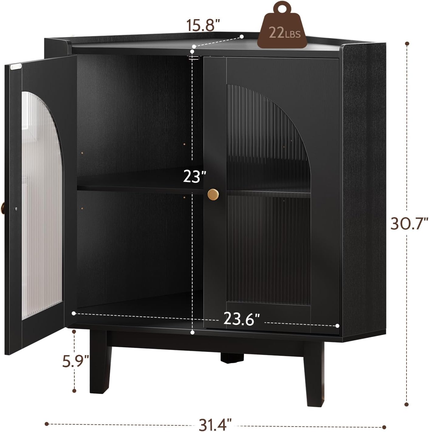Floor Corner Cabinet with Doors and Shelves, Fluted Storage Cabinet Freestanding Corner Cabinet for Bathroom, Kitchen, Living Room, Black
