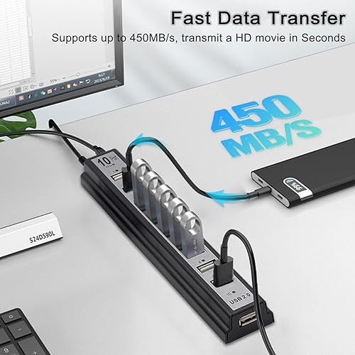 Miniatura 3 de Hub USB 2.0 alimentado, vienon 10 puertos USB Hub USB Extensor Splitter con luz indicadora LED individual para MacBook, PC, portátil, escritorio
