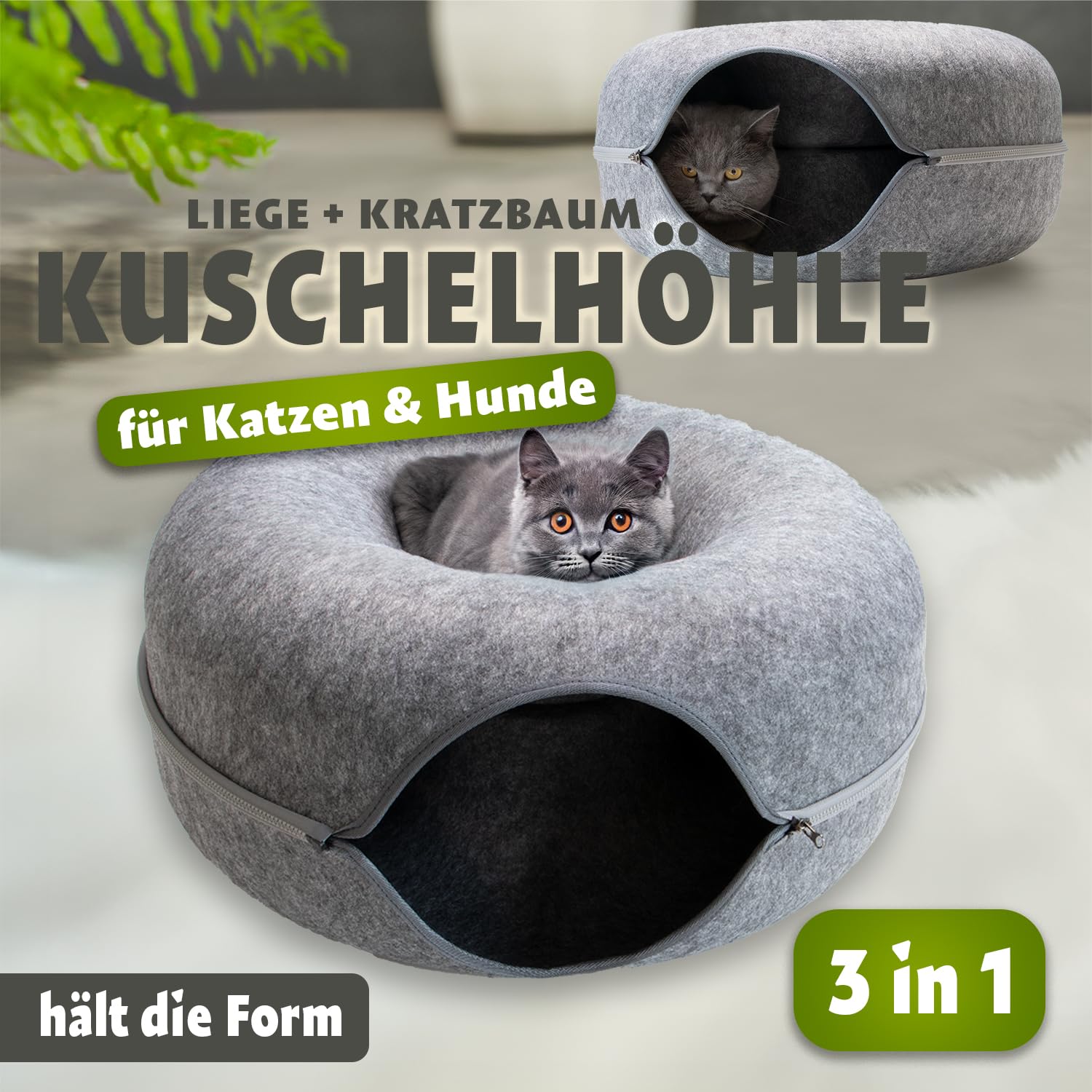 Katzentunnel Katzen Donut Katzenhöhle Katzenbett Spielhöhle für Ihr Liebling, rund, Maße 60x60x28 cm, aus robustem Filz gefertigt, Grau. Multifunktionales Design: zum Spielen,Schlafen oder Kratzen