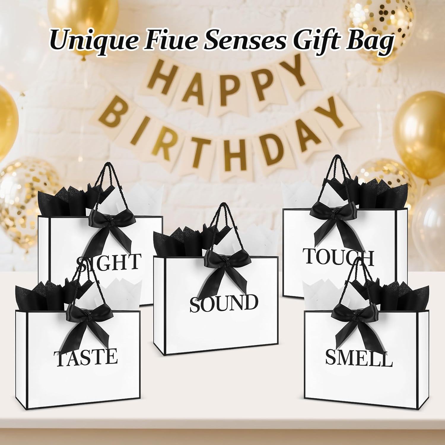 5 Senses Gift Bags for Him Her With Labels,Handles,Ribbon and Tissue Paper, 12.6 X 8.7 X4 Inch Five Senses Paper Bags, Suitable for Birthday Party,Wedding,Anniversary,Christmas,Valentine's Day (White Black) - Image 4