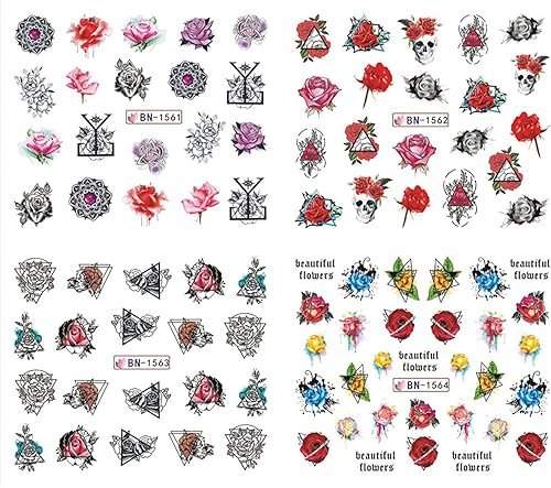 Miniatura 5 de Calcomanías de uñas de flores, coloridas calcomanías florales de transferencia de agua, calcomanías holográficas, calcomanías de arte de rosas rojas