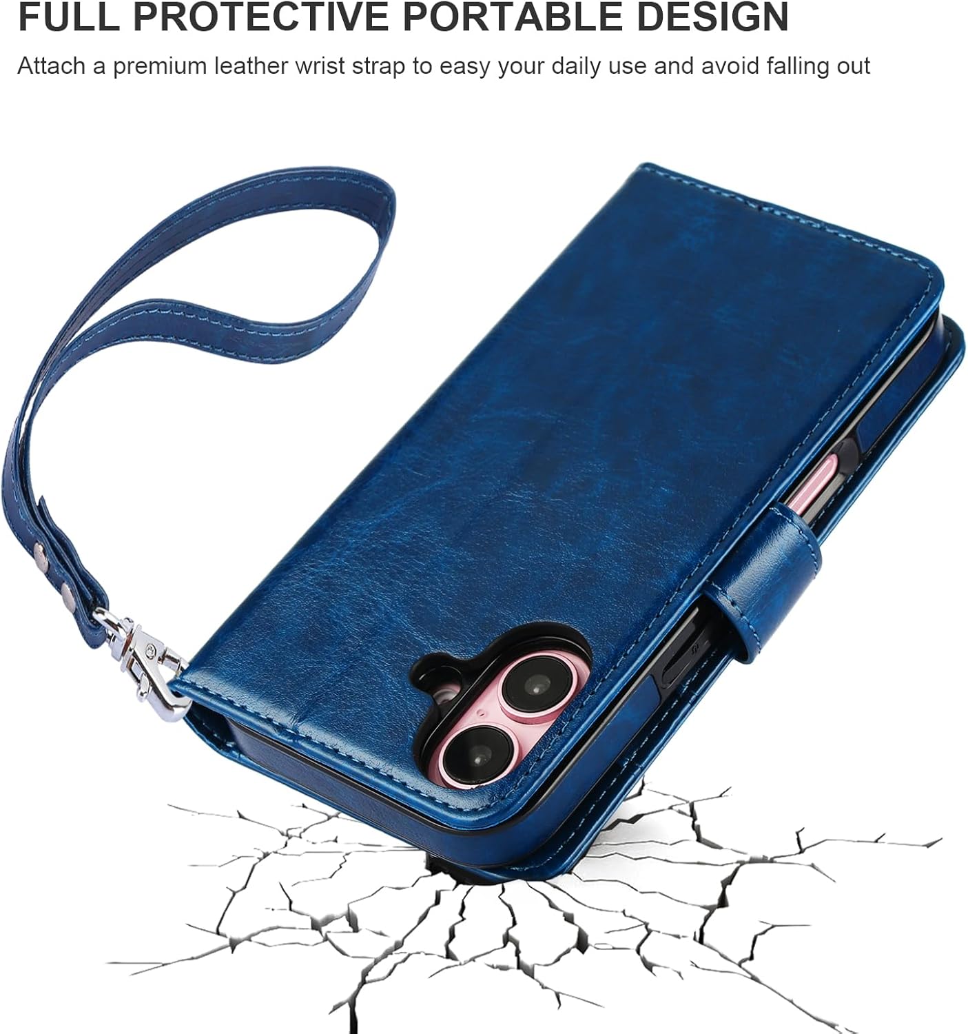 Bocasal Detachable Wallet Case for iPhone 16 RFID Blocking Card Slots Holder Premium PU Leather Magnetic Kickstand Shockproof Wrist Strap Removable Flip Protective Cover 5G 6.1 inch (Blue)