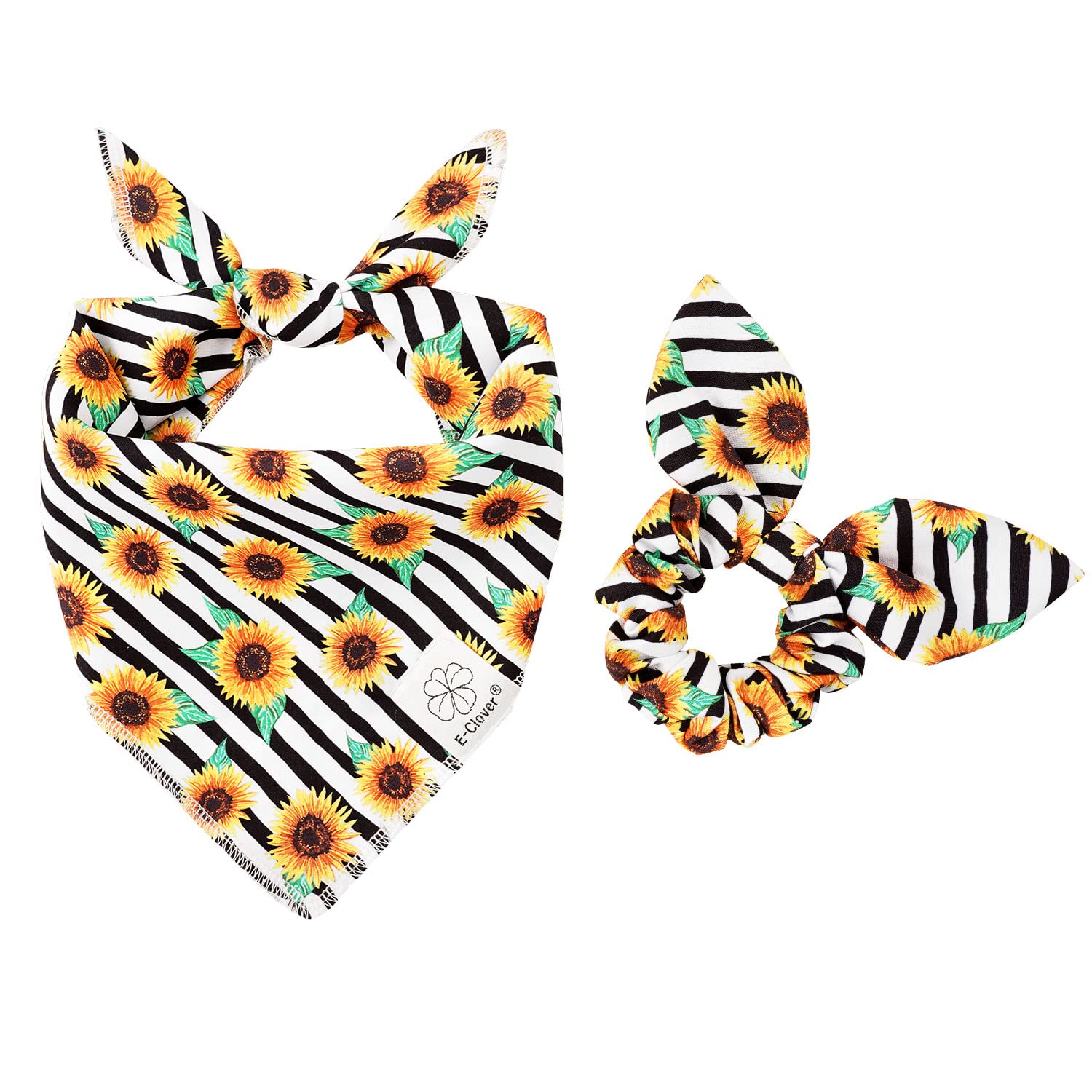 E-Clover Dog Bandanas & Matching Scrunchie Set Sunflower Dog Bandana Scarf Bibs for Medium Large Dogs Girl Pet Owner Birthday Gift Stripe — image 1