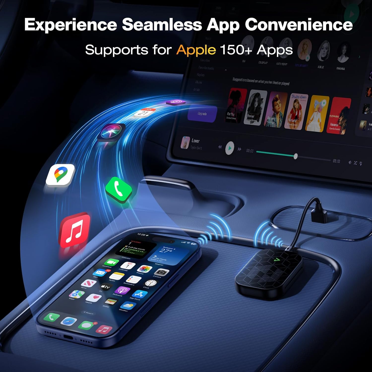 wireless carplay adapter for apple [2025 upgraded a7-ultra chip] multi-user, full-auto car play wireless adapter for iphone 6-17 pro max, zero latency for cars from 2015+, plug & play glass black