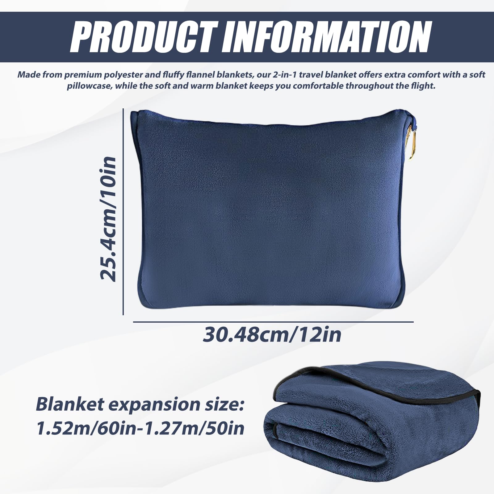 Manta de viaje para avión, cojín transformable 2 en 1, manta portátil para avión con fijación de maleta, para oficina, viajes de negocios, viajes, ultraligera y cálida, color azul marino, 152 x