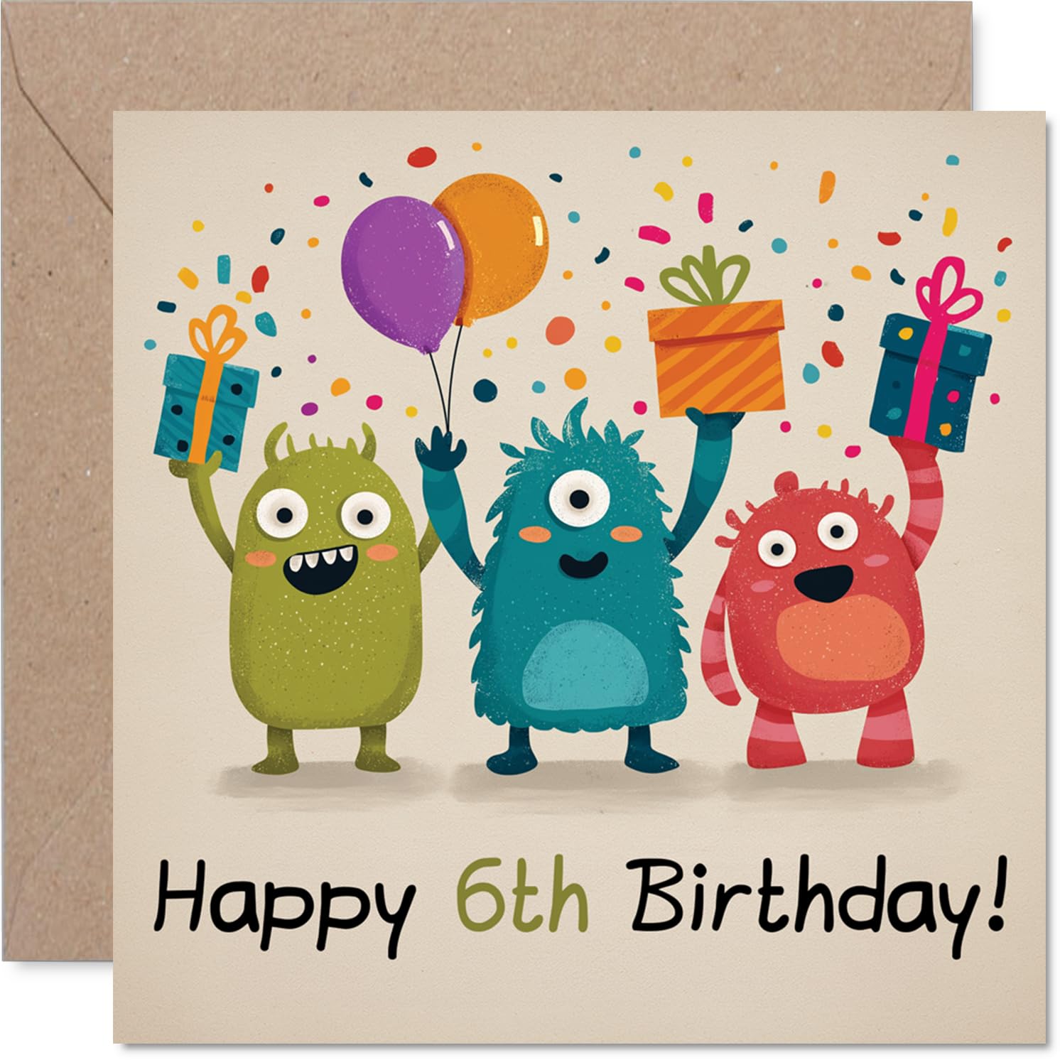 Playful 6th Birthday Card - Monstrously Fun Celebration - Colourful Monsters, Balloons and Gifts Bring Birthday Cheer - 145mm Square, Envelope Included