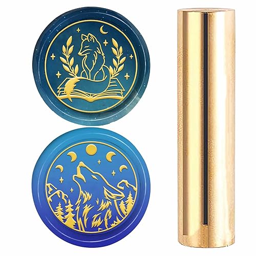 CRASPIRE Forest Wax Stamp Brass Wax Seal Stamps Wolf Animal Crescent Moon Gold Round 15mm Brass Double Head Column Retro Vintage Sealing for Envelopes Scrapbook Invitation Gifts Packaging DIY Decor - Wolf