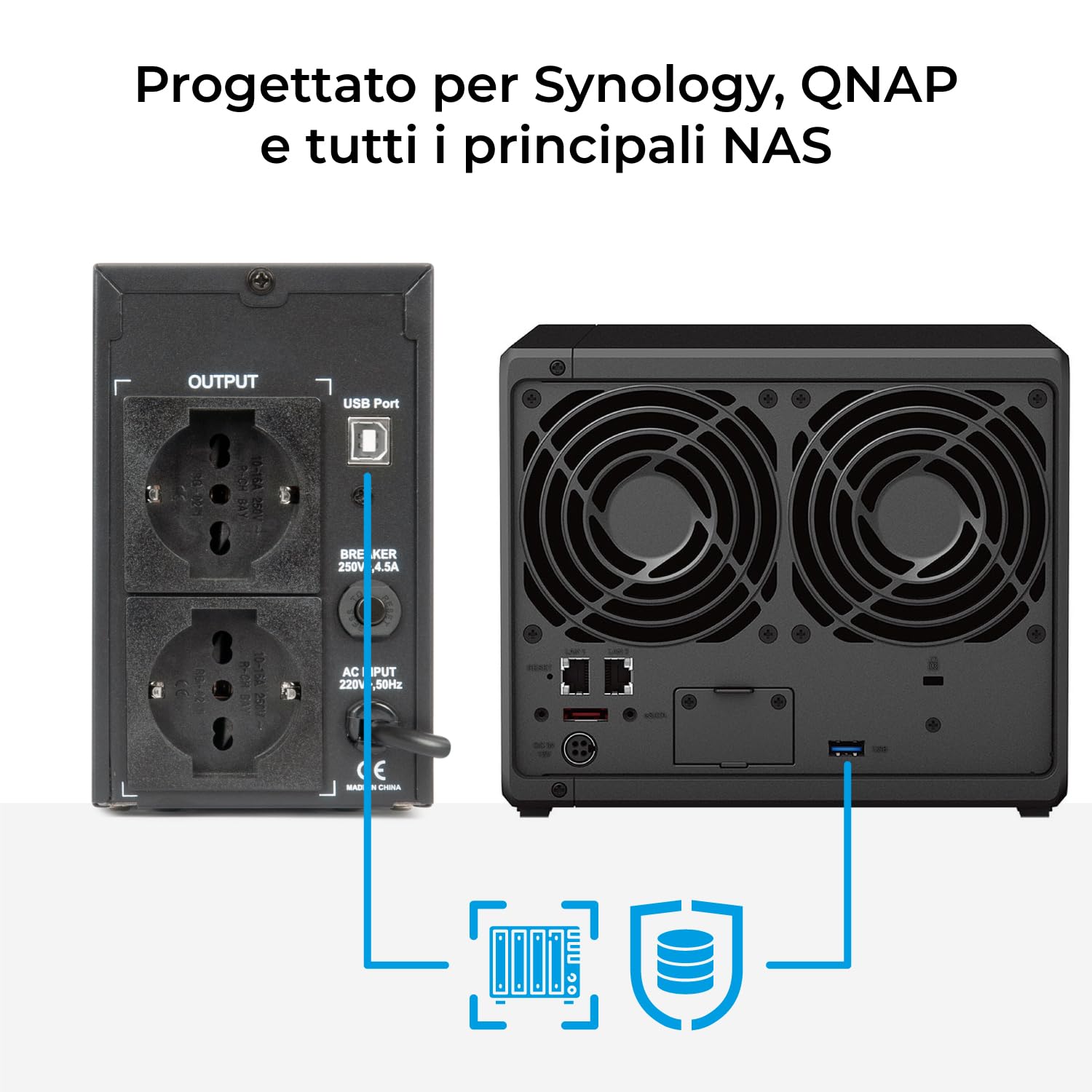 VulTech UPS650VA-LFP-NAS - Fuente de alimentación ininterrumpida (UPS NAS de escritorio para Synology/QNAP/Disco duro de red, 650VA 350W Litio, Línea Interactiva, 2 x Schuko + Puerto USB, Monitoreo