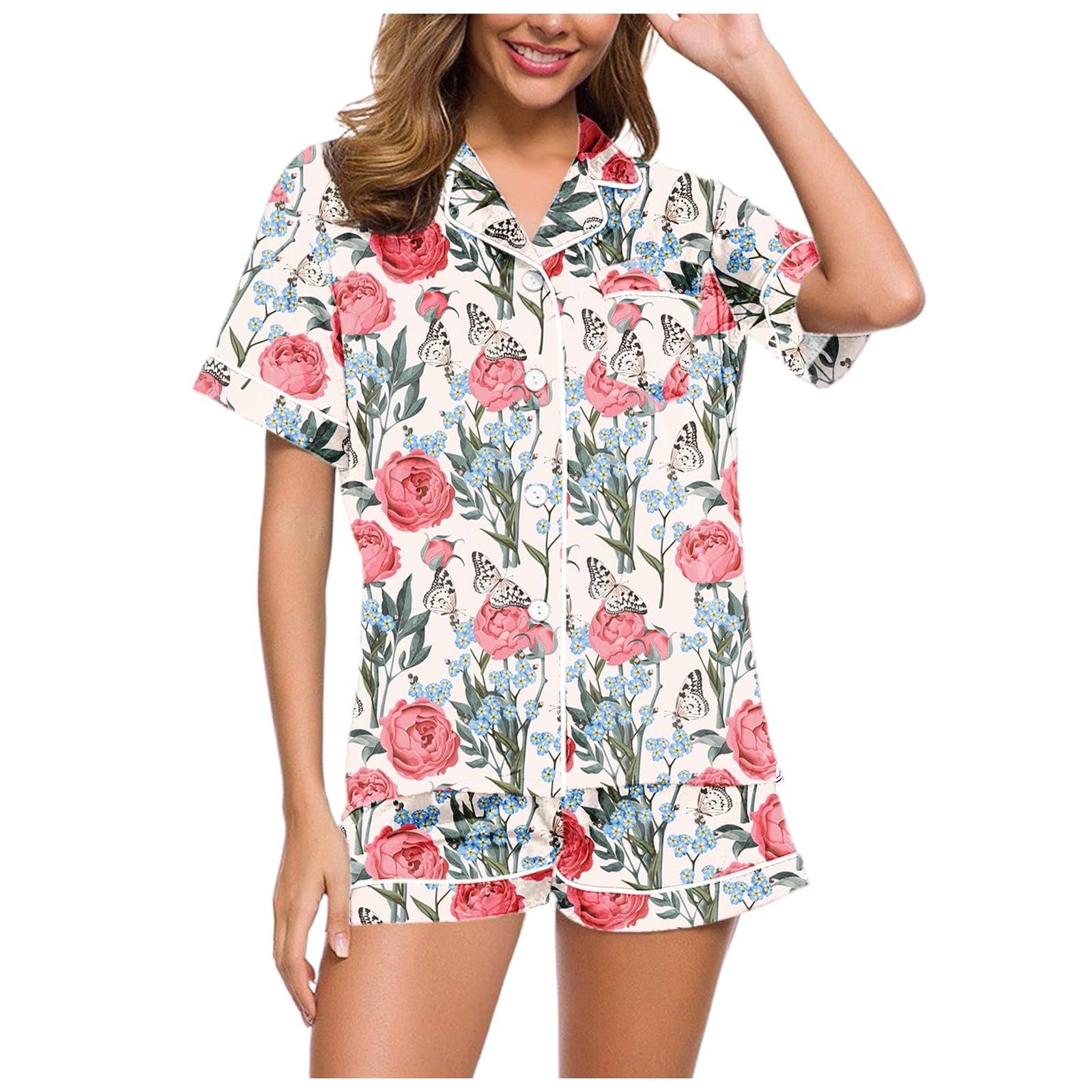 Generisch Ensemble de pyjama en satin de soie à manches courtes pour femme - Haut et short - Taille S