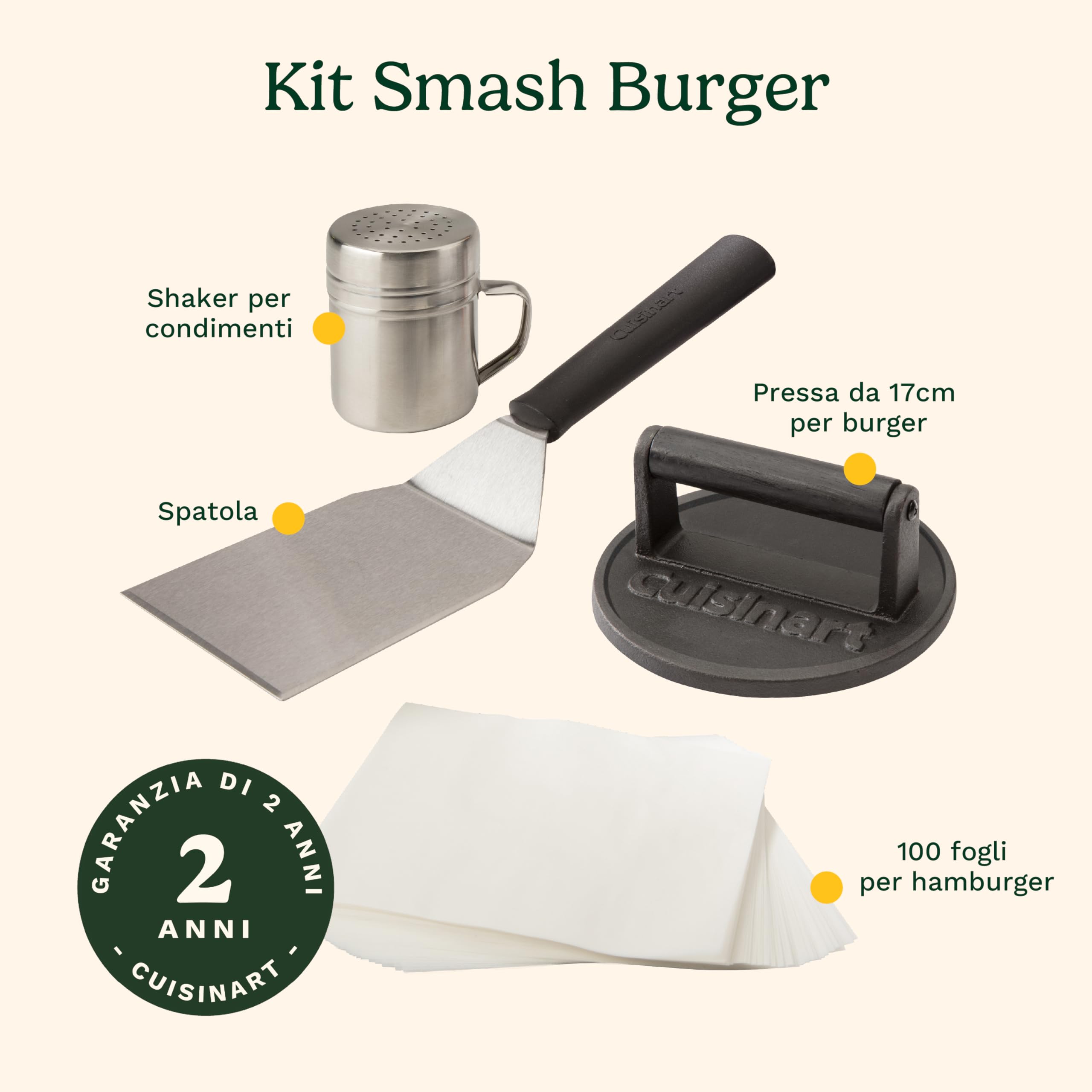 Cuisinart Kit Pressa Burger in Ghisa 17 cm | Smash Burger Press con Spatola e Carta Antiaderente | Pressa Robusta per BBQ, Piastra e Padella | Interno/Esterno