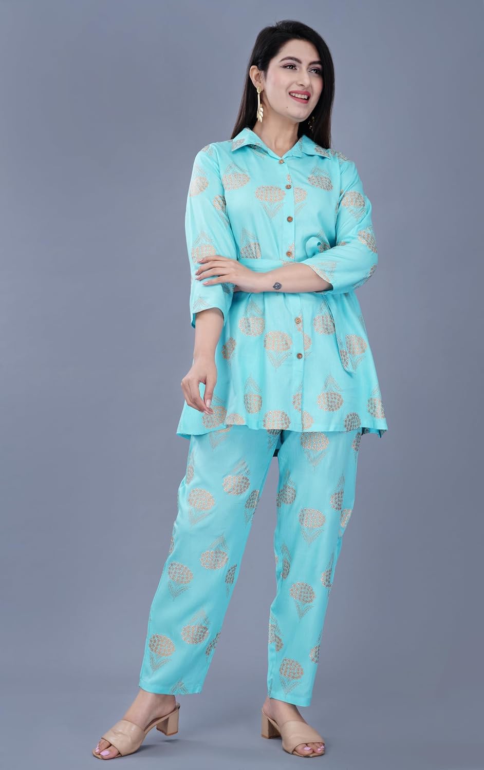 Sophia-Art Rayon Women's Printed Outfits, Co-ord Set with Pant & Tunic Top with Waist Belt,3/4 Sleeves Indian Ethnic