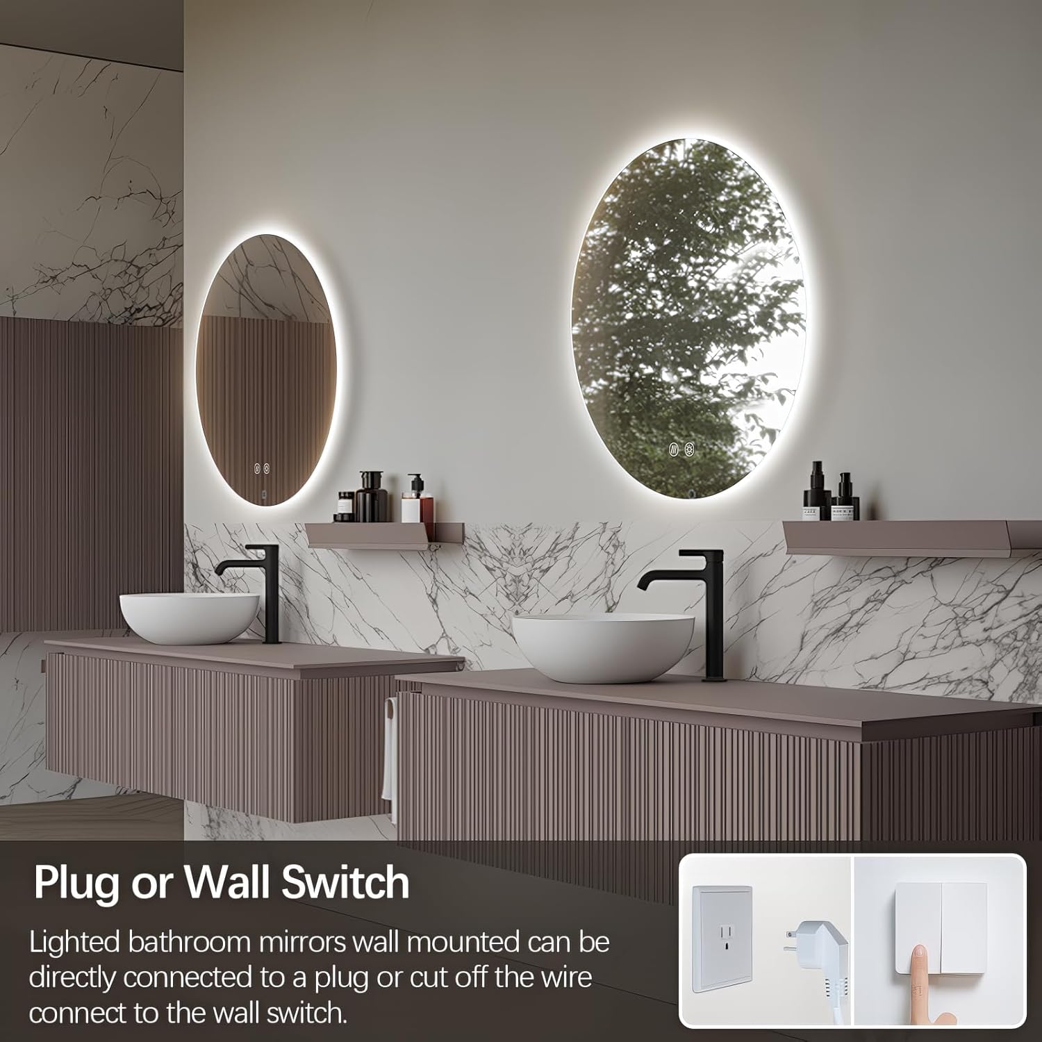 Niccy Round Led Mirror for Bathroom, 24" Circle Frameless Backlit Mirror wiht Light, Anti-Fog, 3 Colors, Waterproof, Memory Function