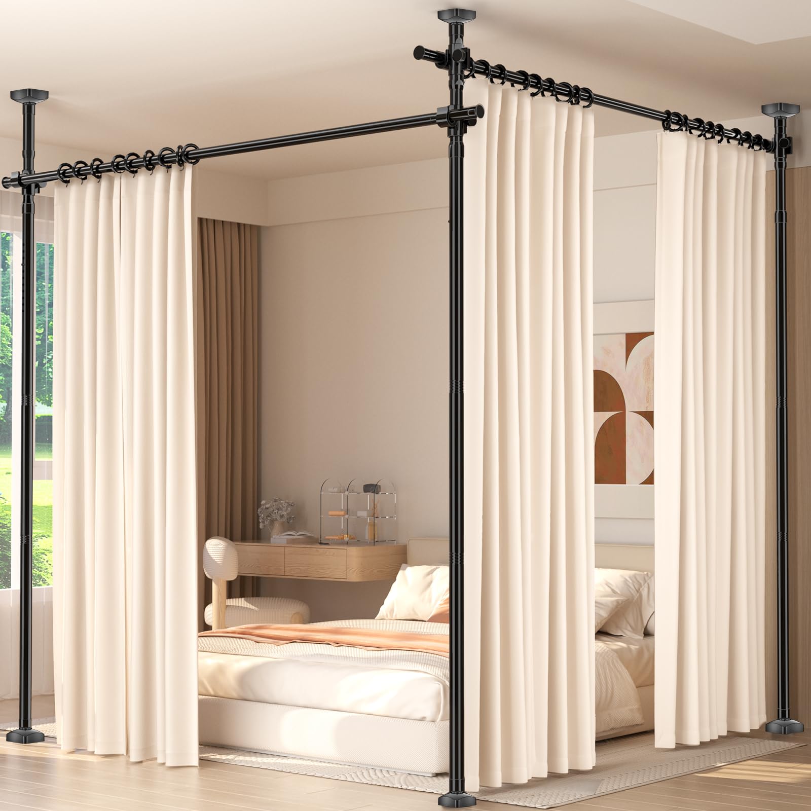 Room Divider for Room Separation,4-10ft(H) 28-140inch(W) Adjustable Temporary Privacy Wall Divider, Tension Curtain Rods No Drilling, Heavy Duty Partition Space Separator Freestanding,Black Black 28-140 Inch