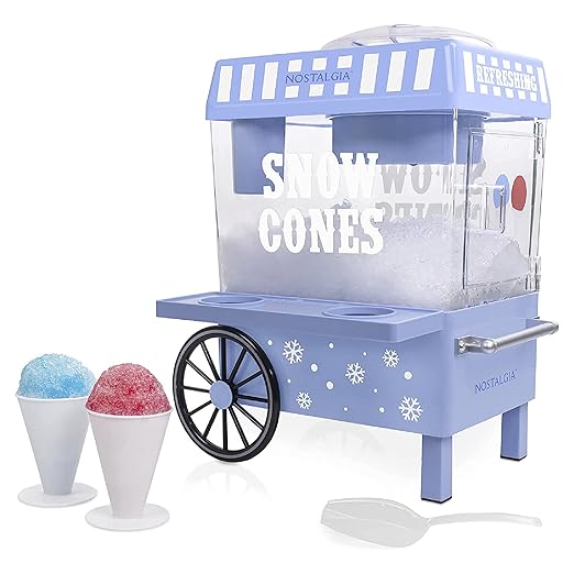 Nostalgia Snow Cone Shaved Ice Machine - Retro Table-Top Slushie Machine Makes 20 Icy Treats - Includes 2 Reusable Plastic Cups & Ice Scoop - Blue