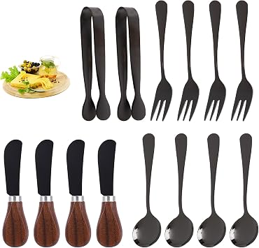 Charcuterie Accessories 14 Pcs, Cheese Spreaders for Charcuterie Board, Mini Serving Spoons, Forks and Mini Serving Tongs - Charcuterie Utensils for Butter, Cheese and Pastry Making, Black