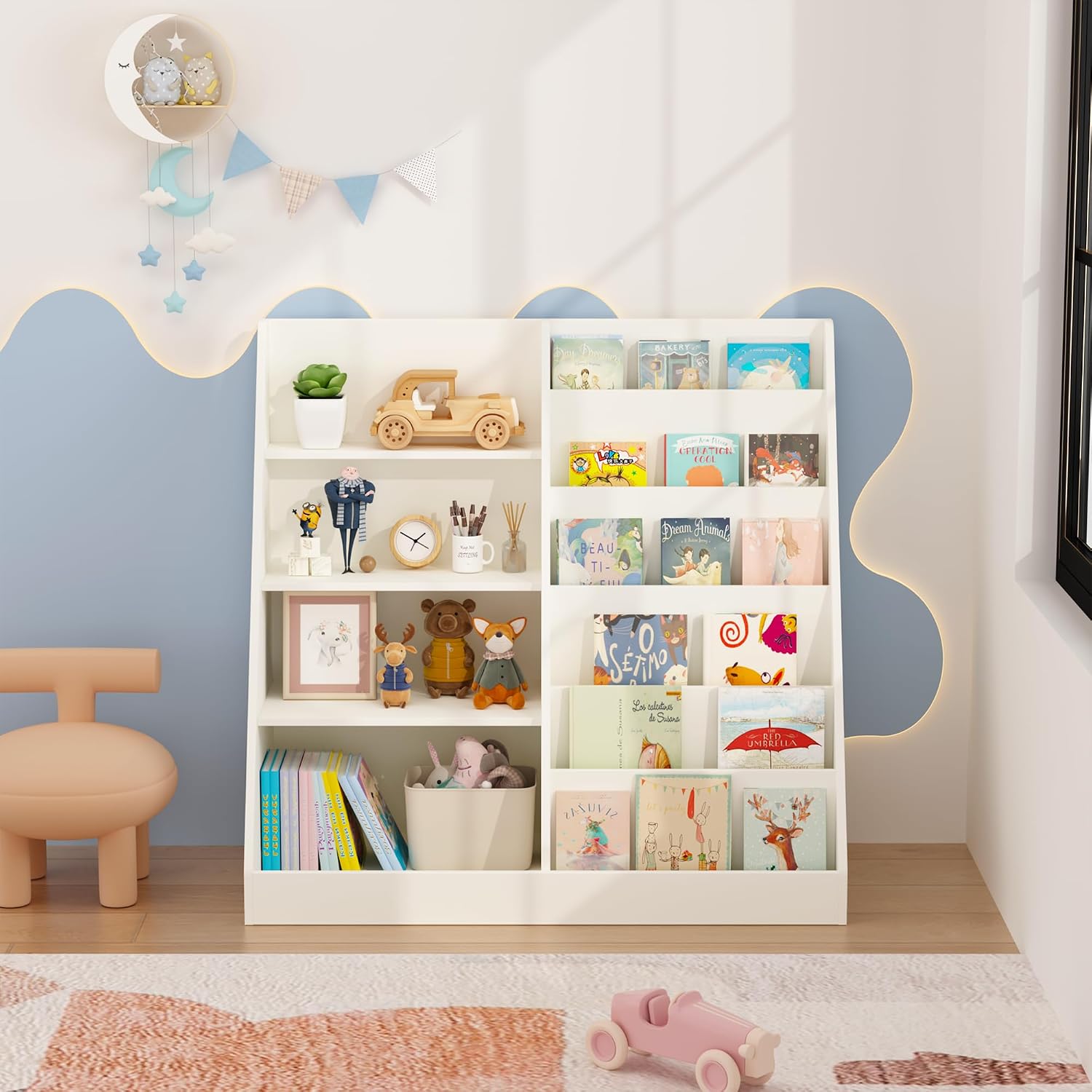 4 Tier Kids Bookshelf for Nursery, Baby Toddler Bookshelves Toy Organizers and Storage Bookcase, Wooden Children Book Shelf for Kids Rooms Classroom (White)