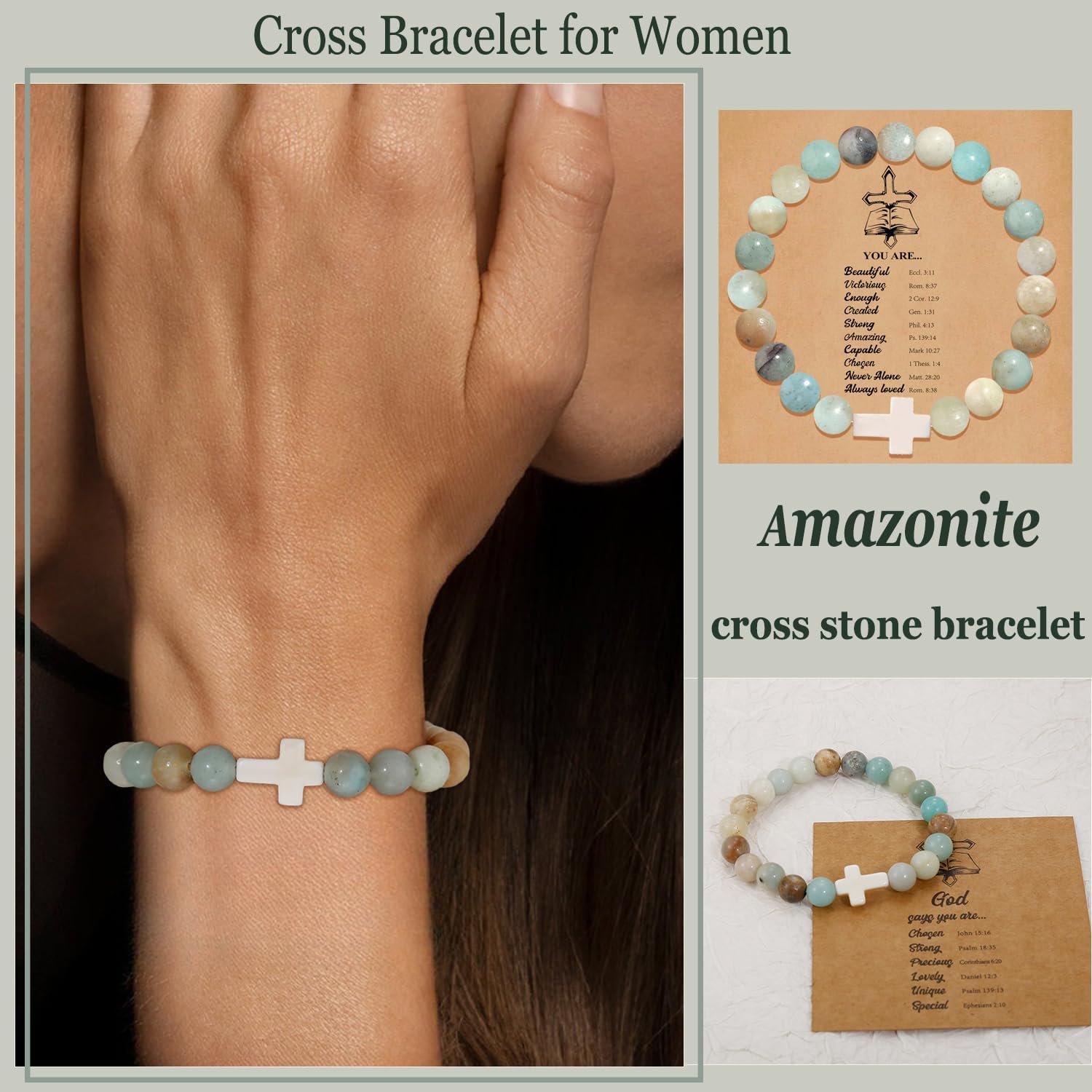 COLOYAN 9Pcs Cross Natural Stone Bracelets for Women, 8mm Stone Beaded Cross Bracelet for Mother Grandma Wife, with 9 Meaningful Card Inspirational - Image 4