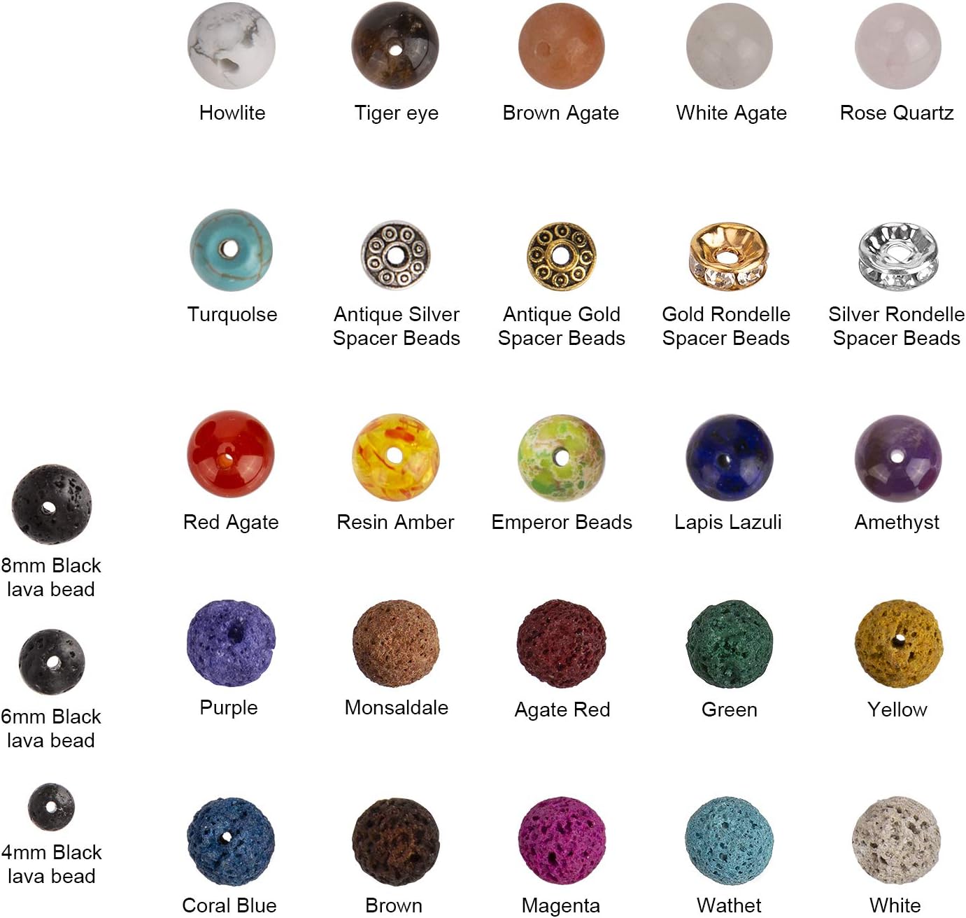 AIEX 606 Pcs Lava Beads Kit Lava Stone Beads Assorted Colored Chakra Beads Spacer Beads with 2 Roll Elastic Stretch Strings and 2 Bead Needles for Adult Essential Oil Bracelet Necklace Making